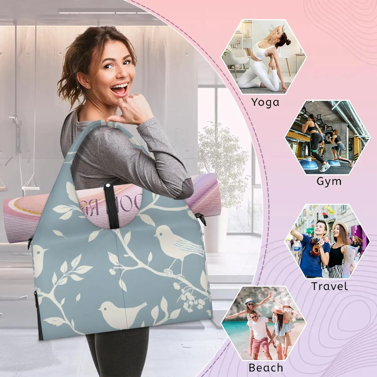 Gym Bag for Women Branches Birds Duffel Bag with Shoe Compartment and Yoga Mat Holder Portable Weekender Bags Travel Tote Bags