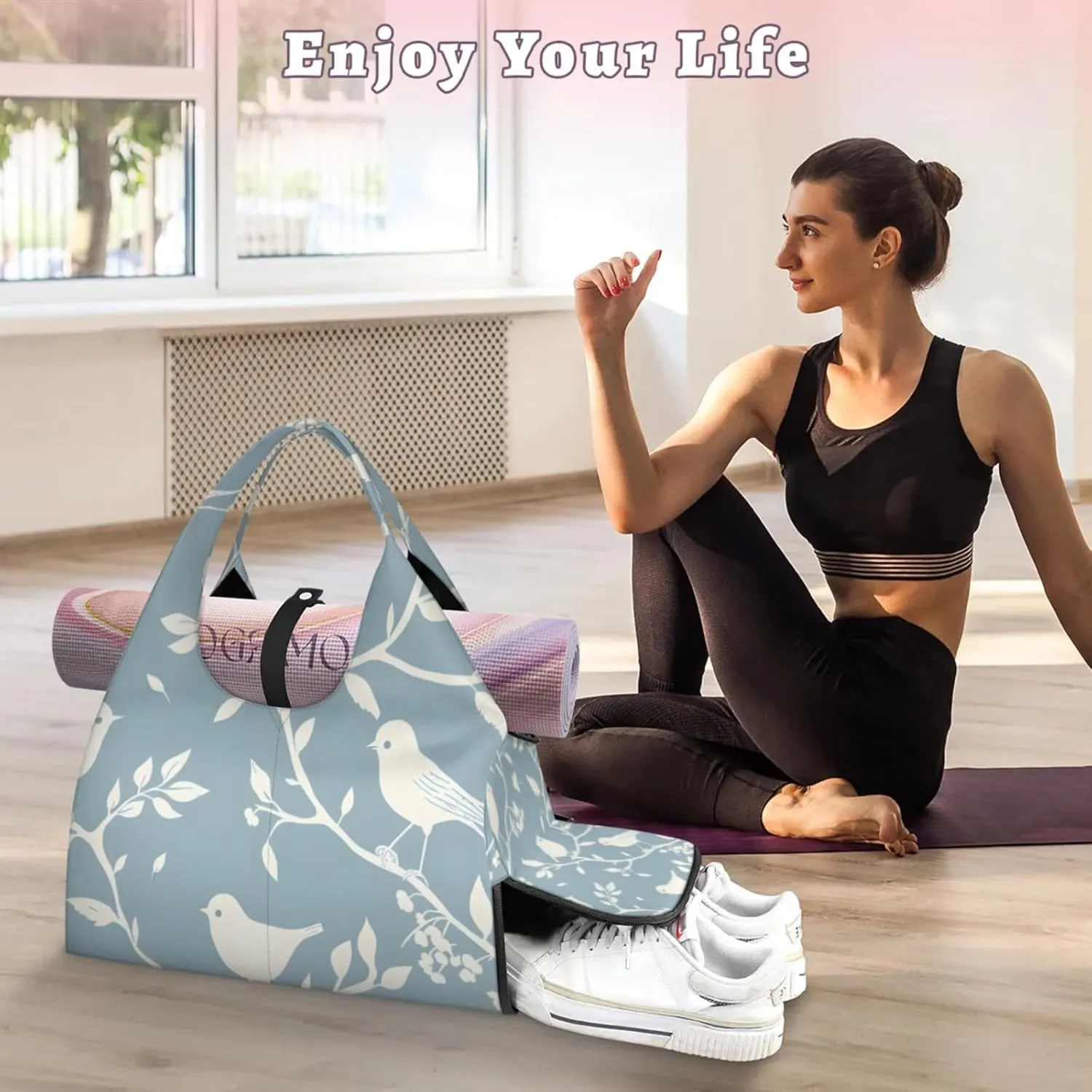 Gym Bag for Women Branches Birds Duffel Bag with Shoe Compartment and Yoga Mat Holder Portable Weekender Bags Travel Tote Bags