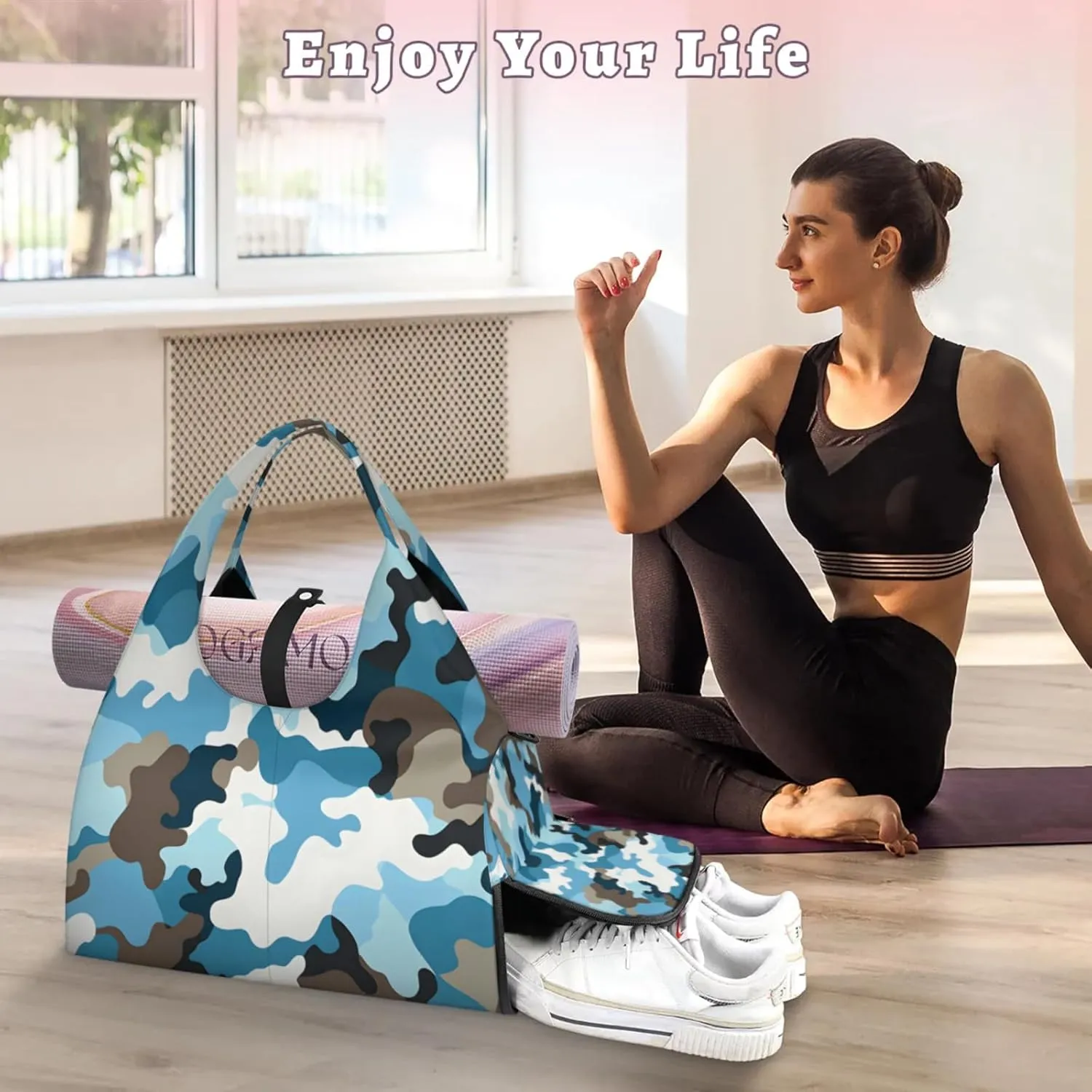 Gym Bag for Women Camo Print Duffel Bag with Shoe Compartment and Yoga Mat Holder Portable Weekender Bags Travel Tote Bags