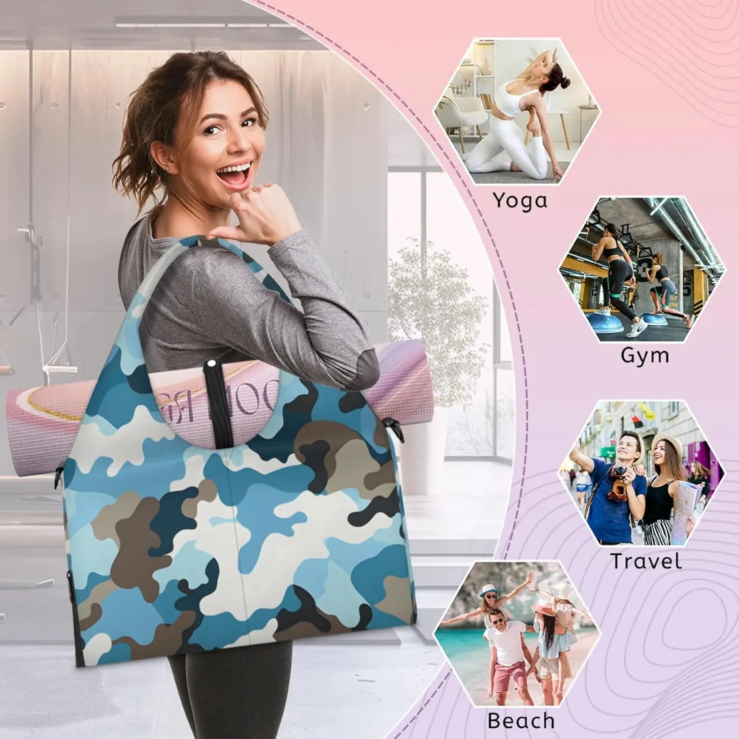 Gym Bag for Women Camo Print Duffel Bag with Shoe Compartment and Yoga Mat Holder Portable Weekender Bags Travel Tote Bags