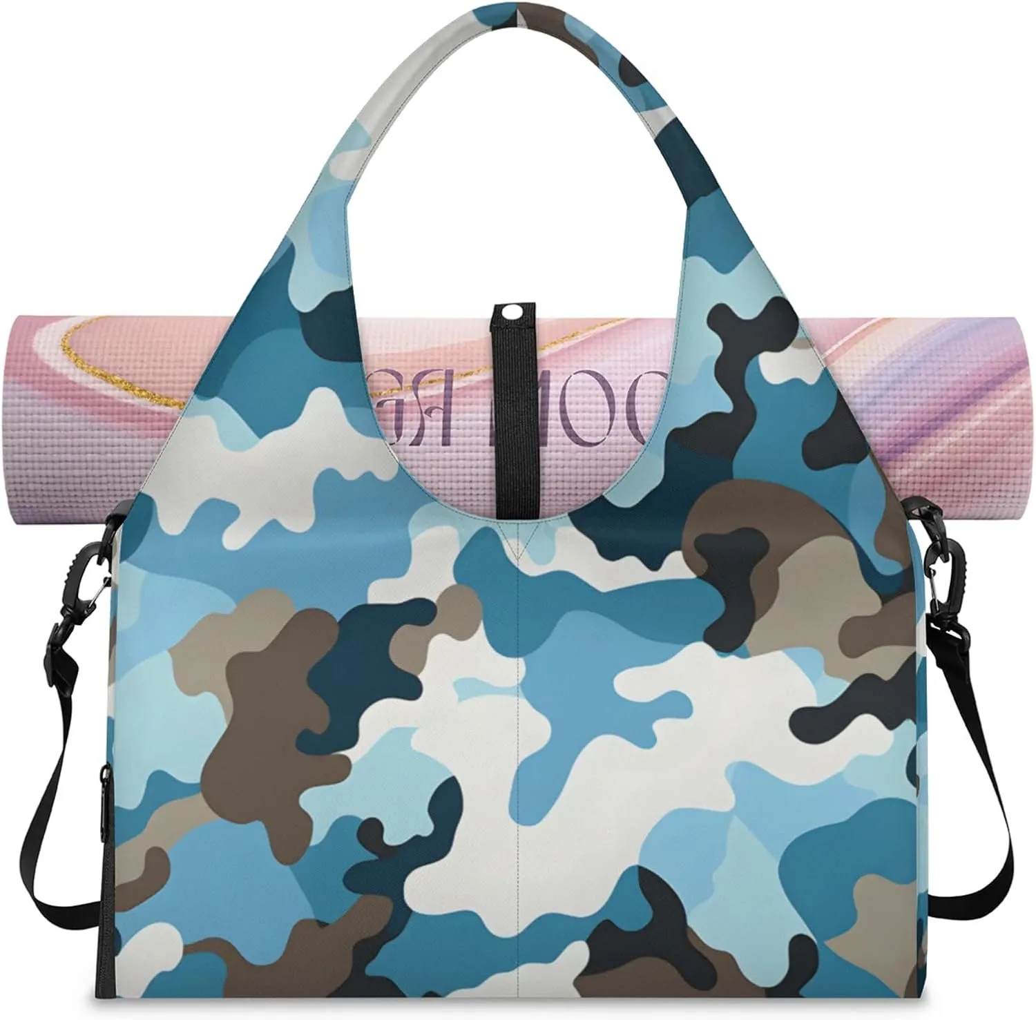 Gym Bag for Women Camo Print Duffel Bag with Shoe Compartment and Yoga Mat Holder Portable Weekender Bags Travel Tote Bags