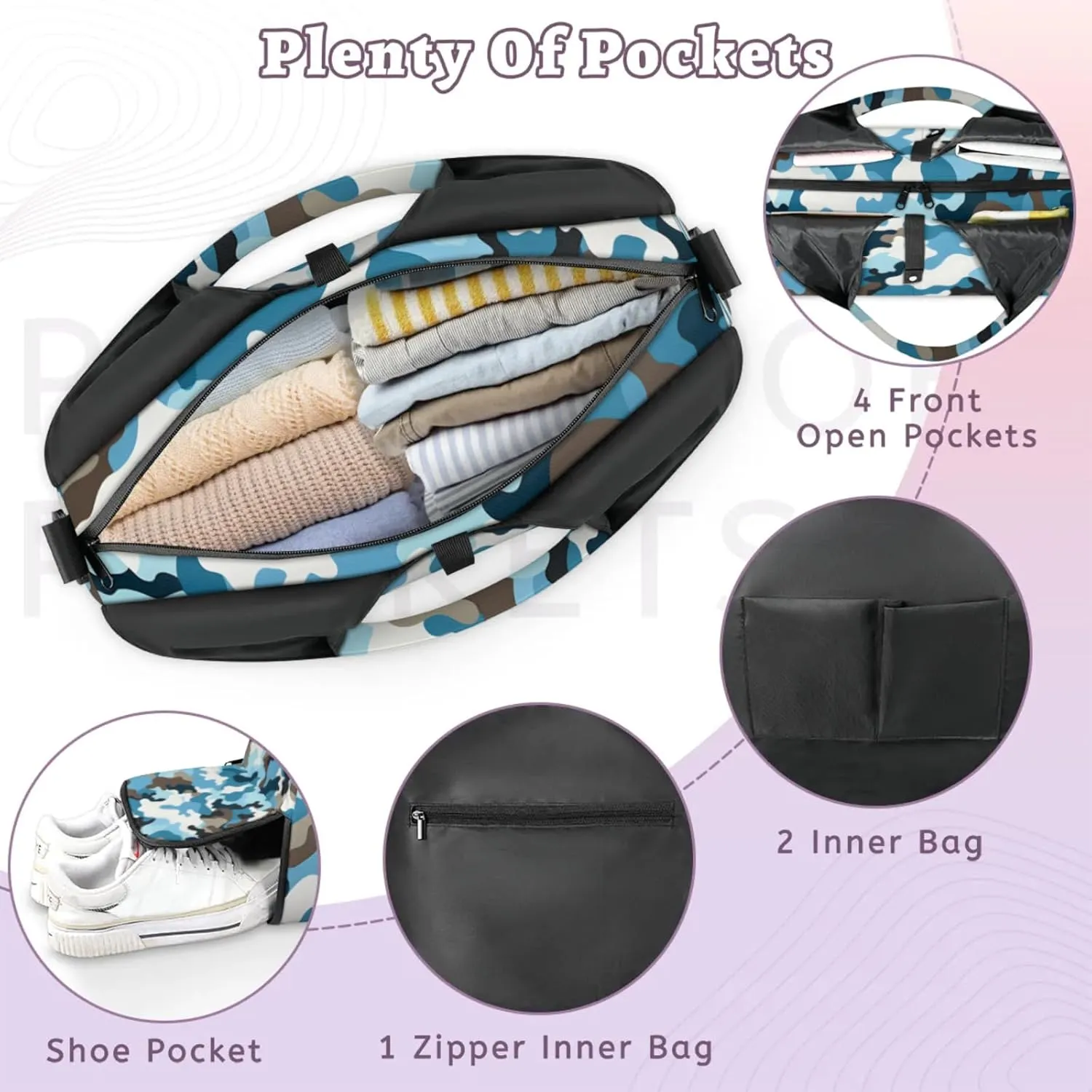 Gym Bag for Women Camo Print Duffel Bag with Shoe Compartment and Yoga Mat Holder Portable Weekender Bags Travel Tote Bags