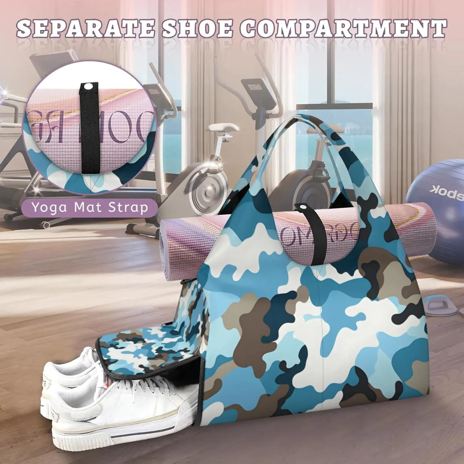 Gym Bag for Women Camo Print Duffel Bag with Shoe Compartment and Yoga Mat Holder Portable Weekender Bags Travel Tote Bags