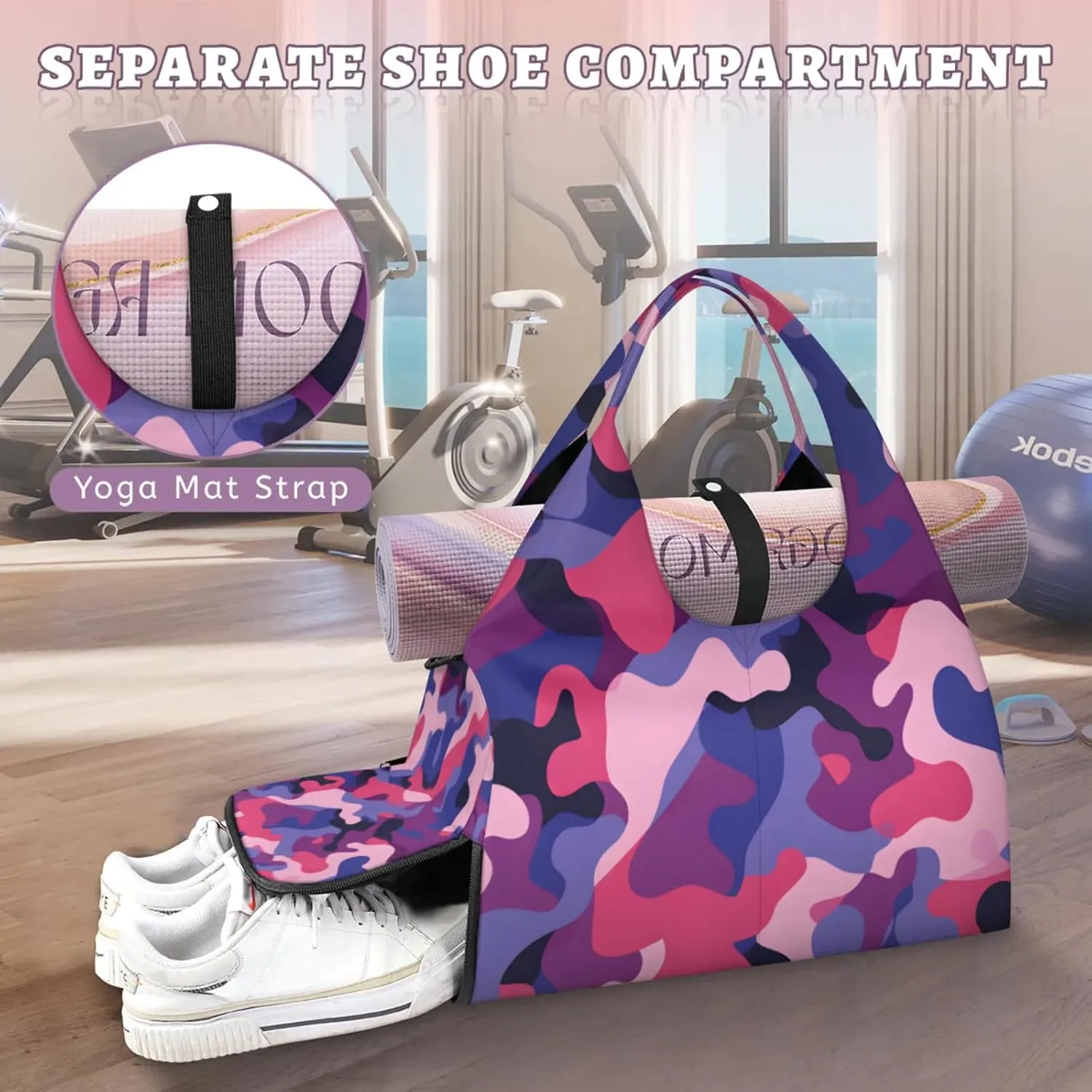 Gym Bag for Women Camouflage Pattern Duffel Bag with Shoe Compartment and Yoga Mat Holder Portable Weekender Bags Travel Tote Bags