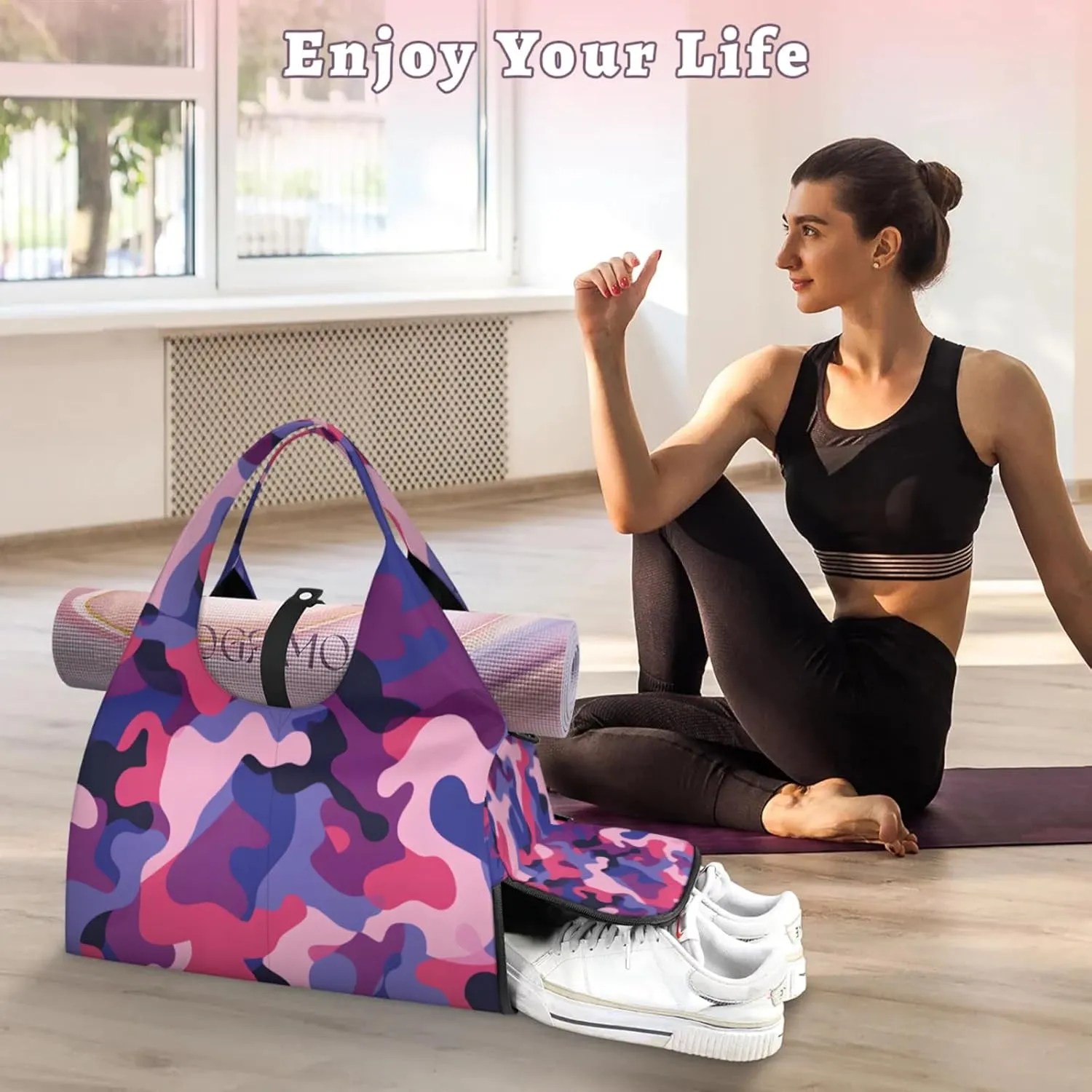 Gym Bag for Women Camouflage Pattern Duffel Bag with Shoe Compartment and Yoga Mat Holder Portable Weekender Bags Travel Tote Bags
