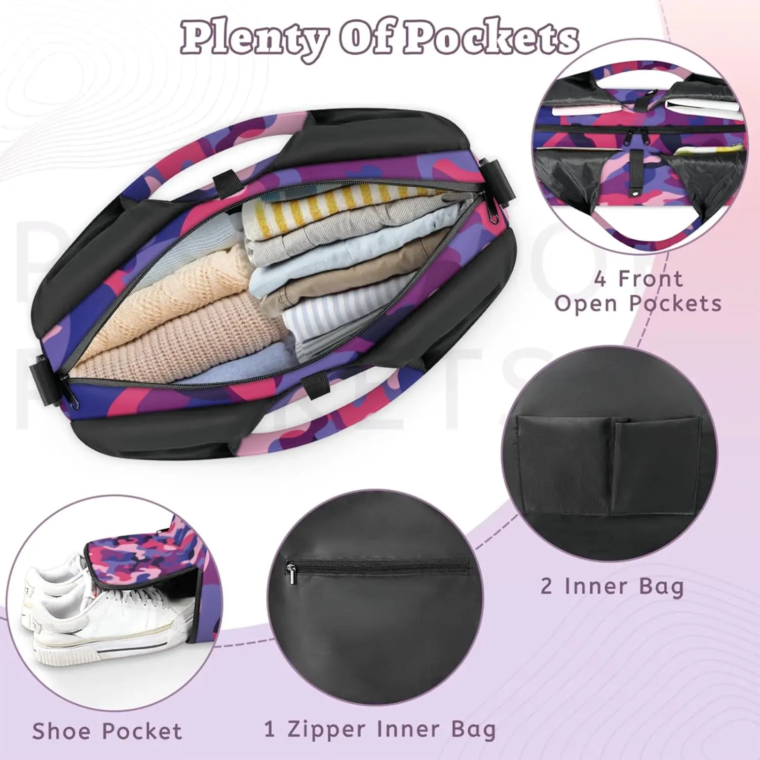 Gym Bag for Women Camouflage Pattern Duffel Bag with Shoe Compartment and Yoga Mat Holder Portable Weekender Bags Travel Tote Bags