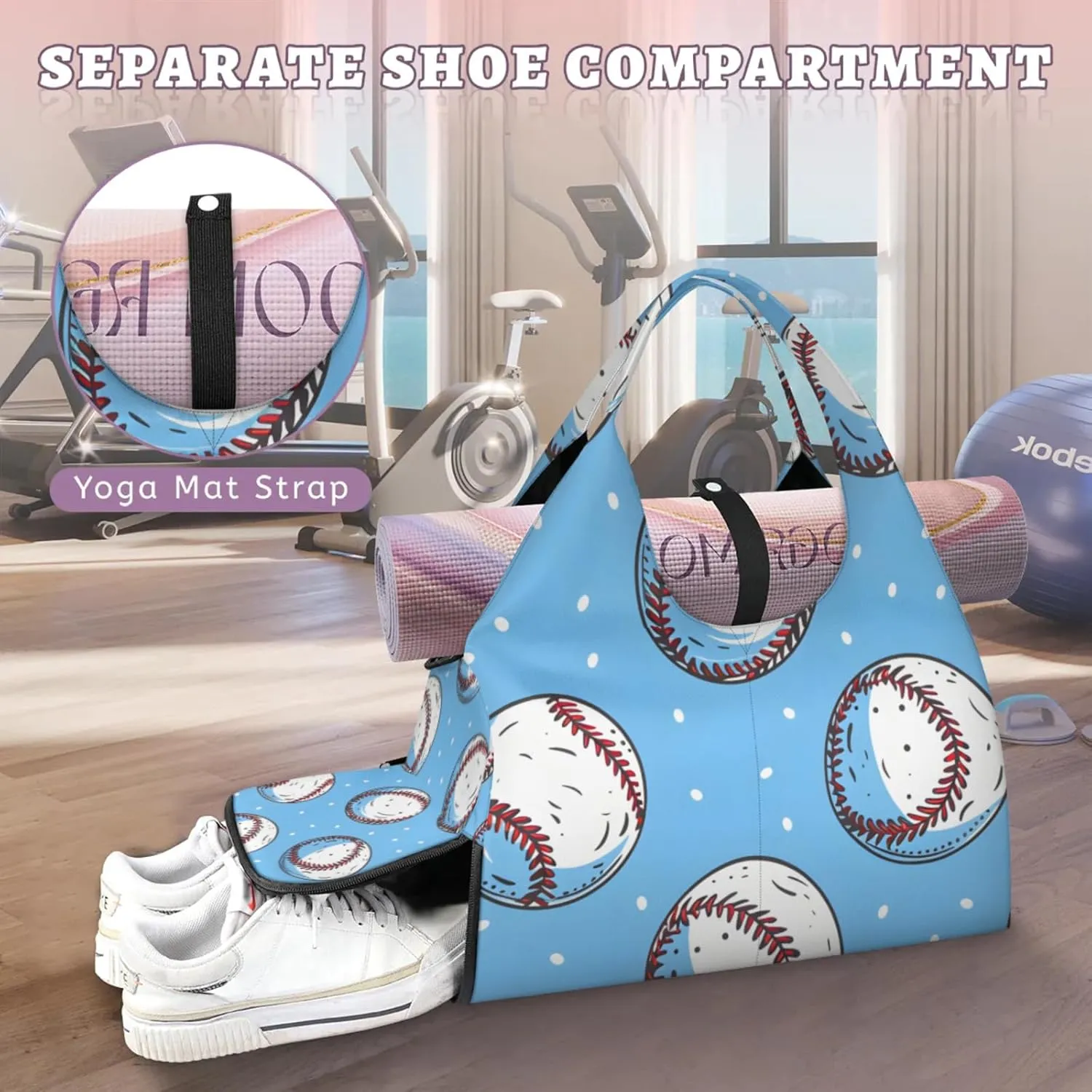 Gym Bag for Women Cartoon Baseball Duffel Bag with Shoe Compartment and Yoga Mat Holder Portable Weekender Bags Travel Tote Bags