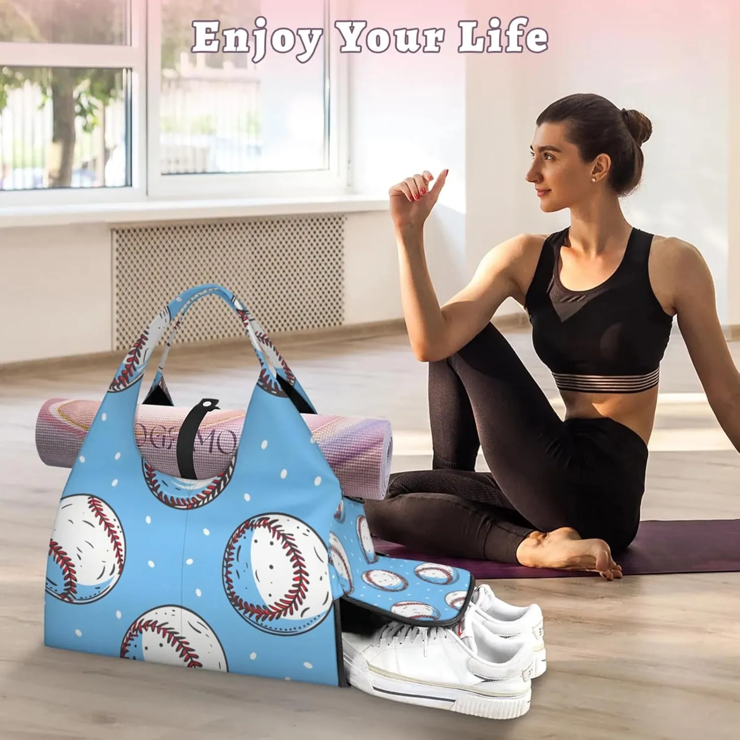 Gym Bag for Women Cartoon Baseball Duffel Bag with Shoe Compartment and Yoga Mat Holder Portable Weekender Bags Travel Tote Bags