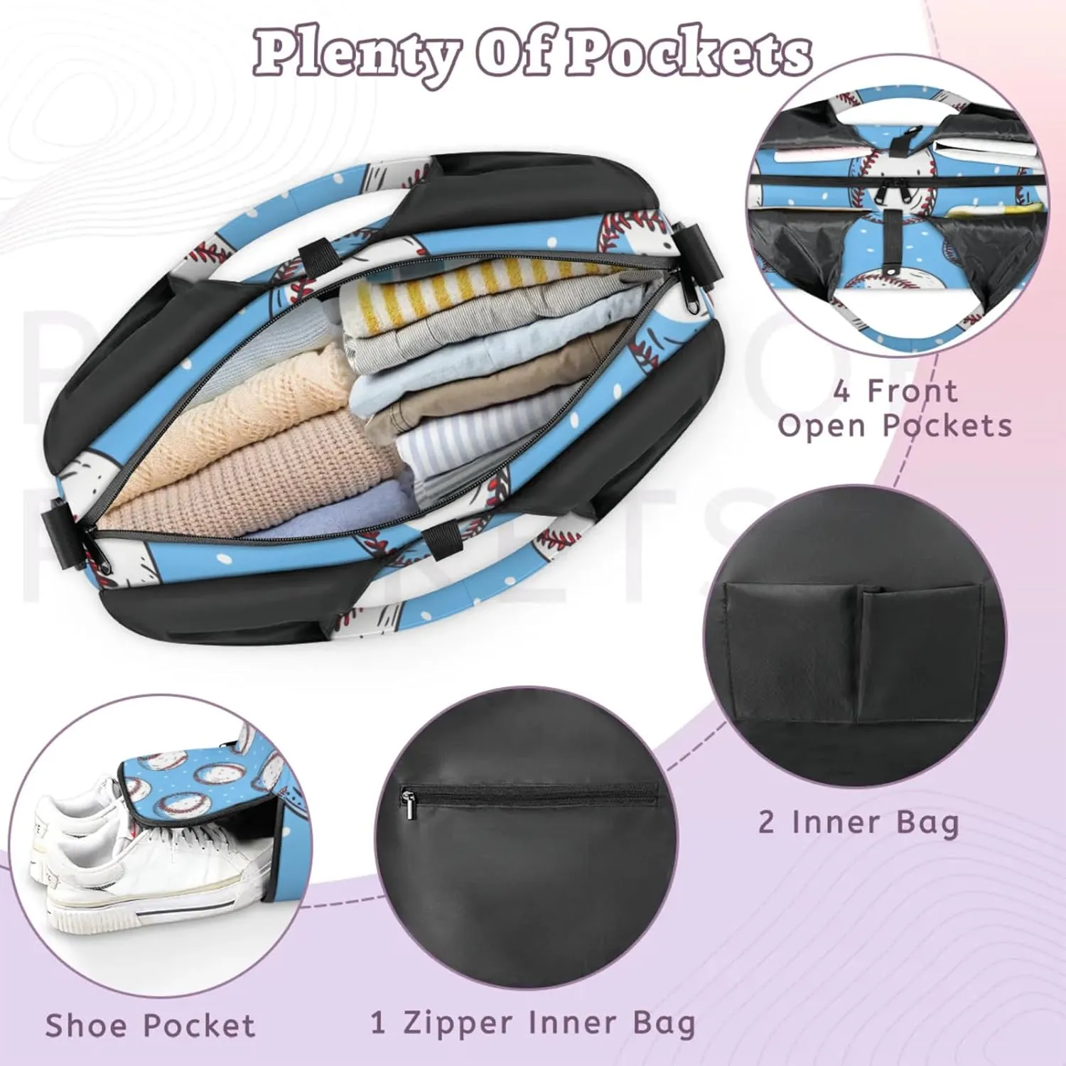 Gym Bag for Women Cartoon Baseball Duffel Bag with Shoe Compartment and Yoga Mat Holder Portable Weekender Bags Travel Tote Bags
