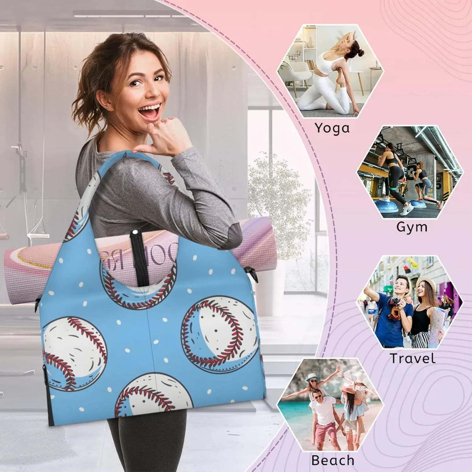 Gym Bag for Women Cartoon Baseball Duffel Bag with Shoe Compartment and Yoga Mat Holder Portable Weekender Bags Travel Tote Bags