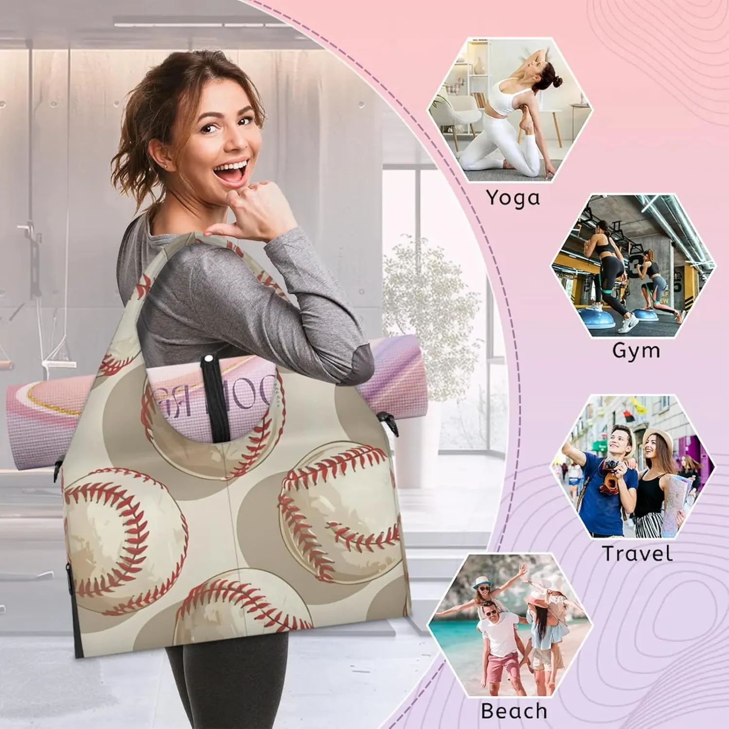 Gym Bag for Women Cartoon Baseballs Duffel Bag with Shoe Compartment and Yoga Mat Holder Portable Weekender Bags Travel Tote Bags