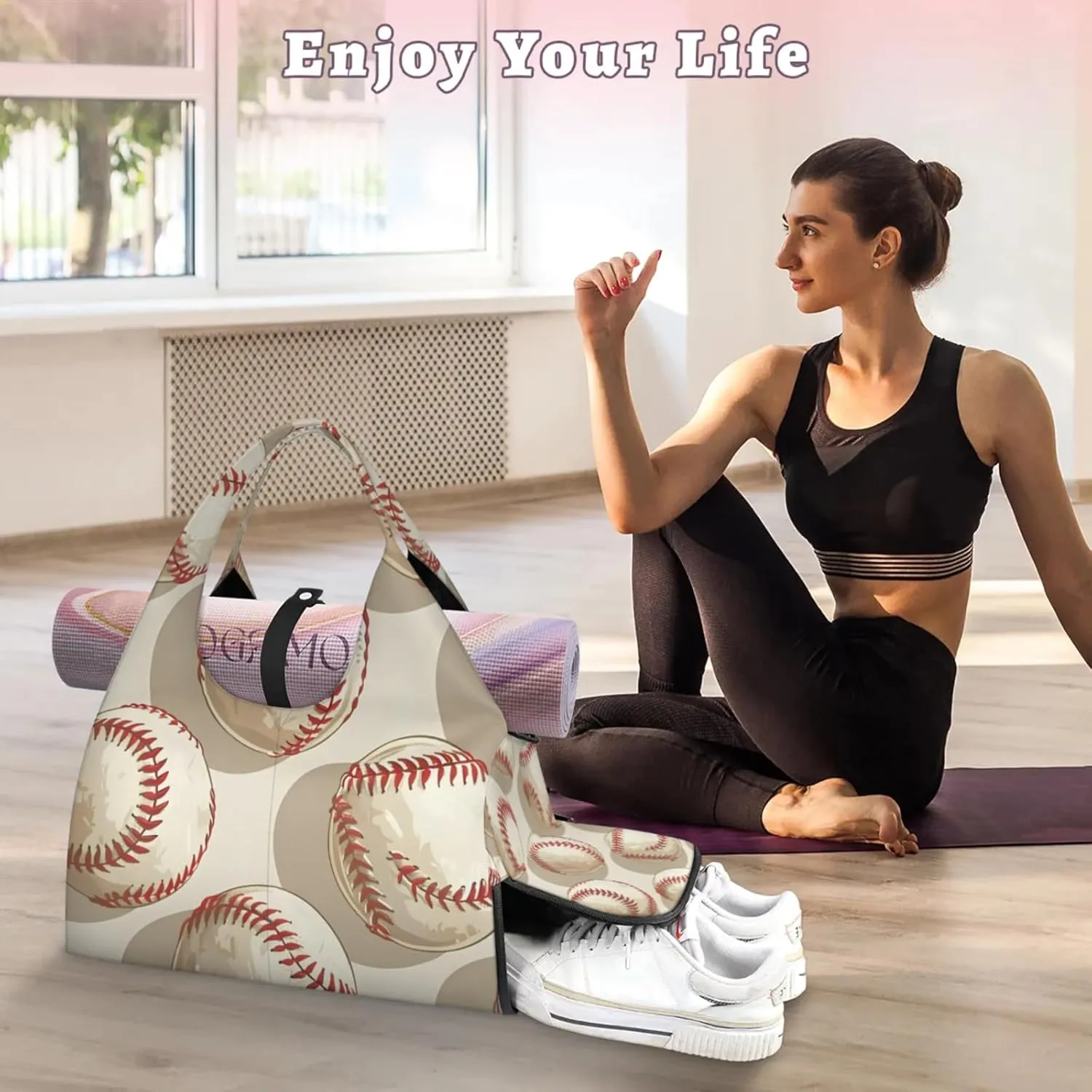 Gym Bag for Women Cartoon Baseballs Duffel Bag with Shoe Compartment and Yoga Mat Holder Portable Weekender Bags Travel Tote Bags