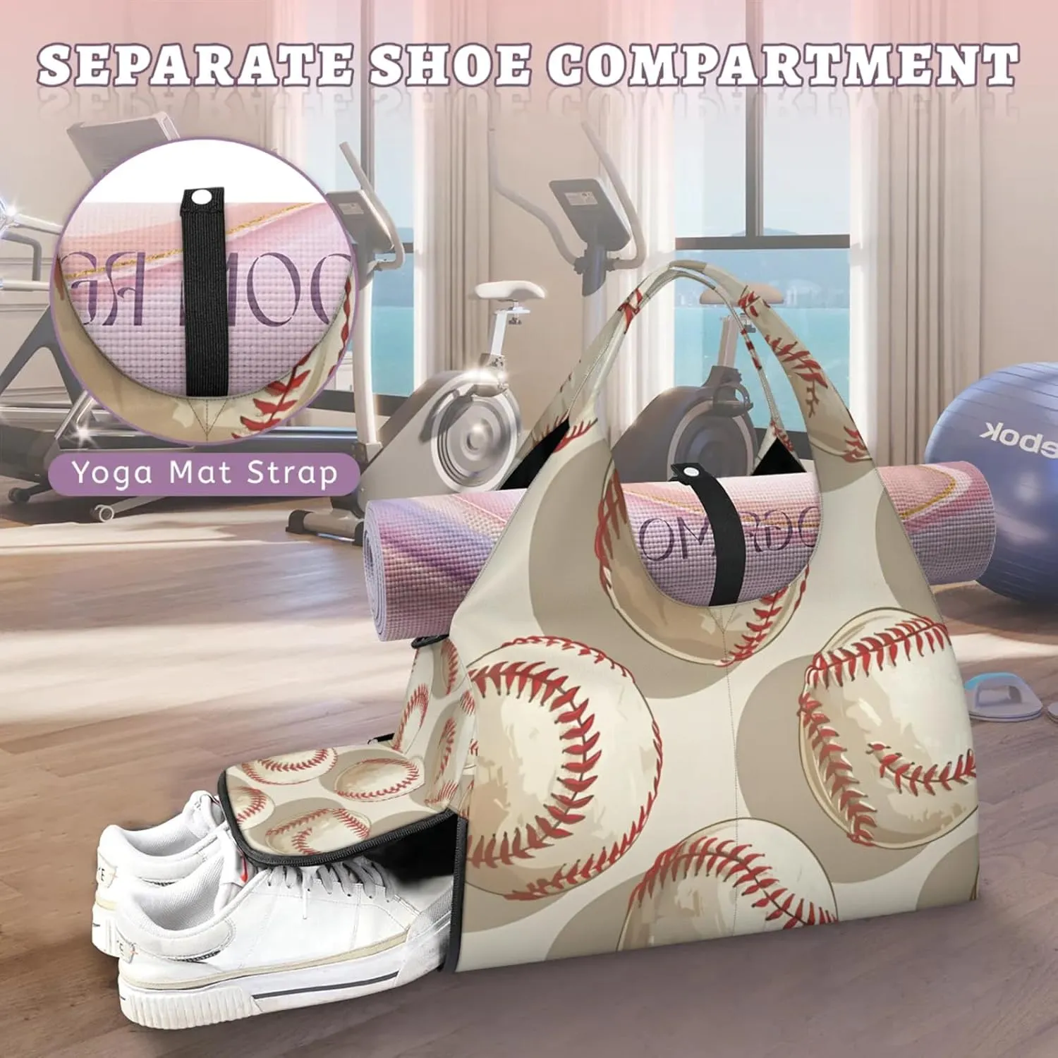 Gym Bag for Women Cartoon Baseballs Duffel Bag with Shoe Compartment and Yoga Mat Holder Portable Weekender Bags Travel Tote Bags