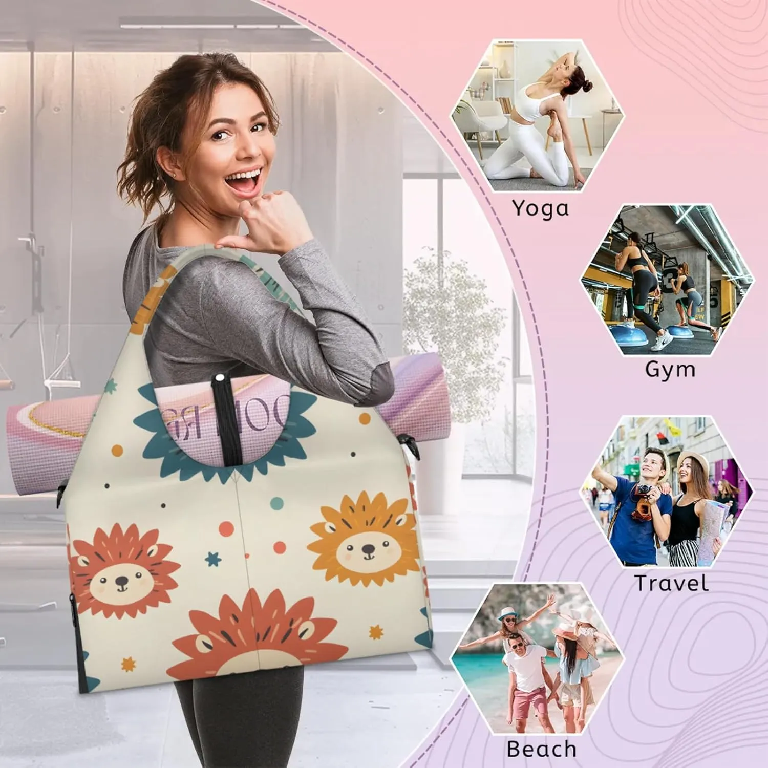Gym Bag for Women Cartoon Hedgehog Duffel Bag with Shoe Compartment and Yoga Mat Holder Portable Weekender Bags Travel Tote Bags