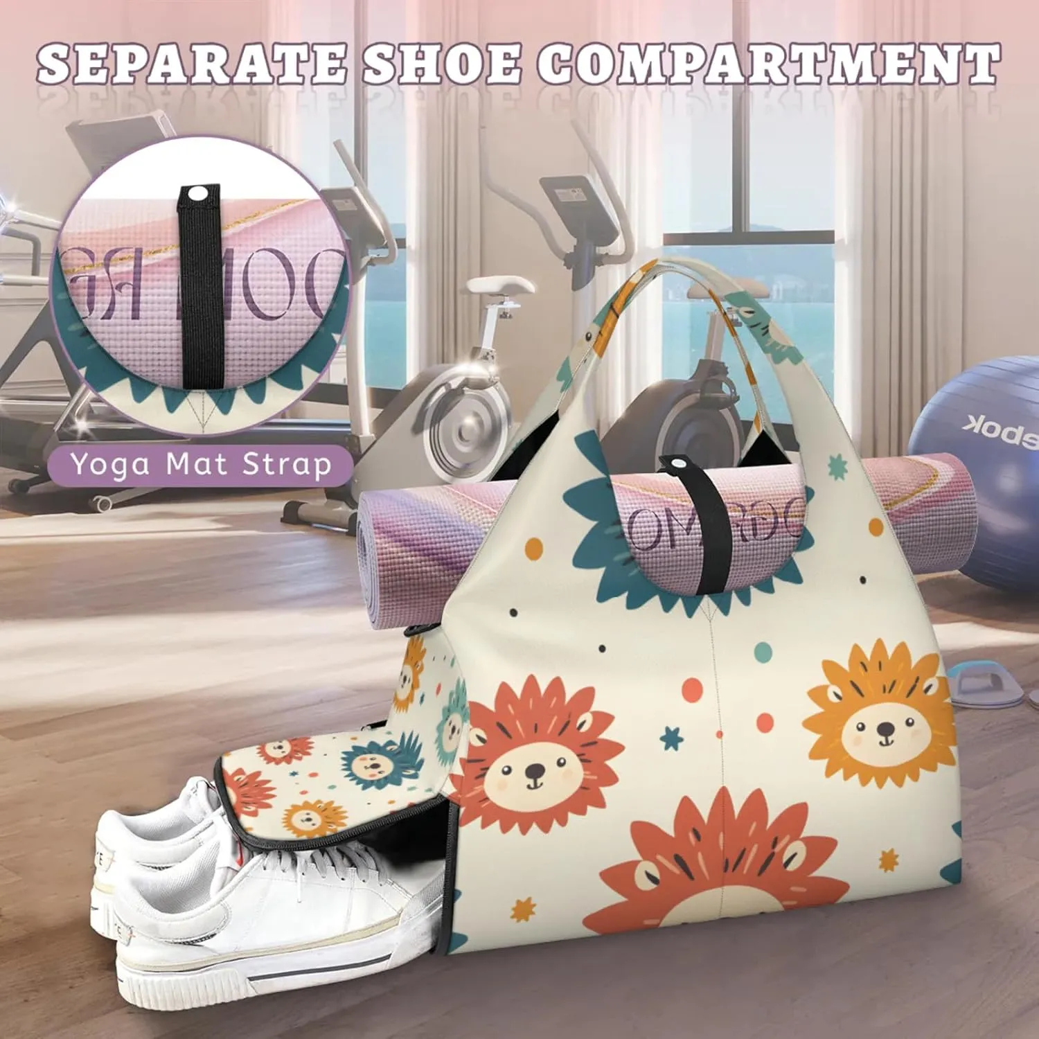 Gym Bag for Women Cartoon Hedgehog Duffel Bag with Shoe Compartment and Yoga Mat Holder Portable Weekender Bags Travel Tote Bags
