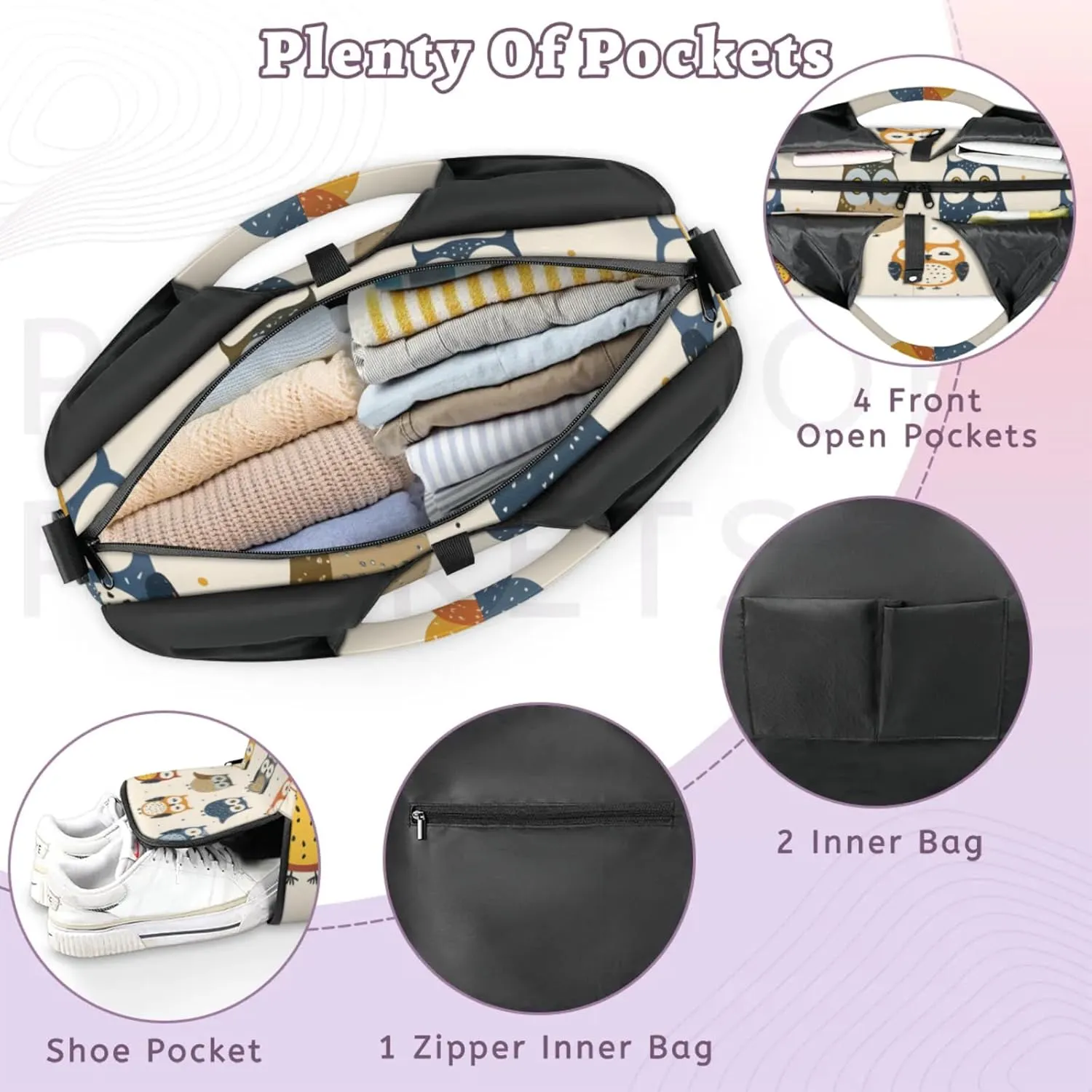 Gym Bag for Women Cartoon Owls Duffel Bag with Shoe Compartment and Yoga Mat Holder Portable Weekender Bags Travel Tote Bags