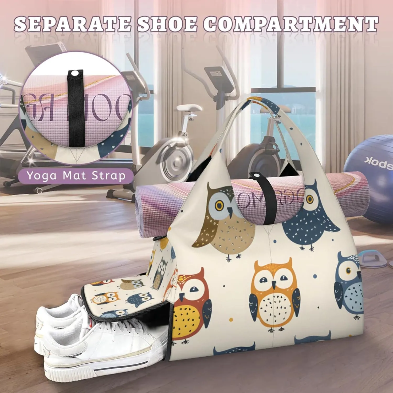 Gym Bag for Women Cartoon Owls Duffel Bag with Shoe Compartment and Yoga Mat Holder Portable Weekender Bags Travel Tote Bags