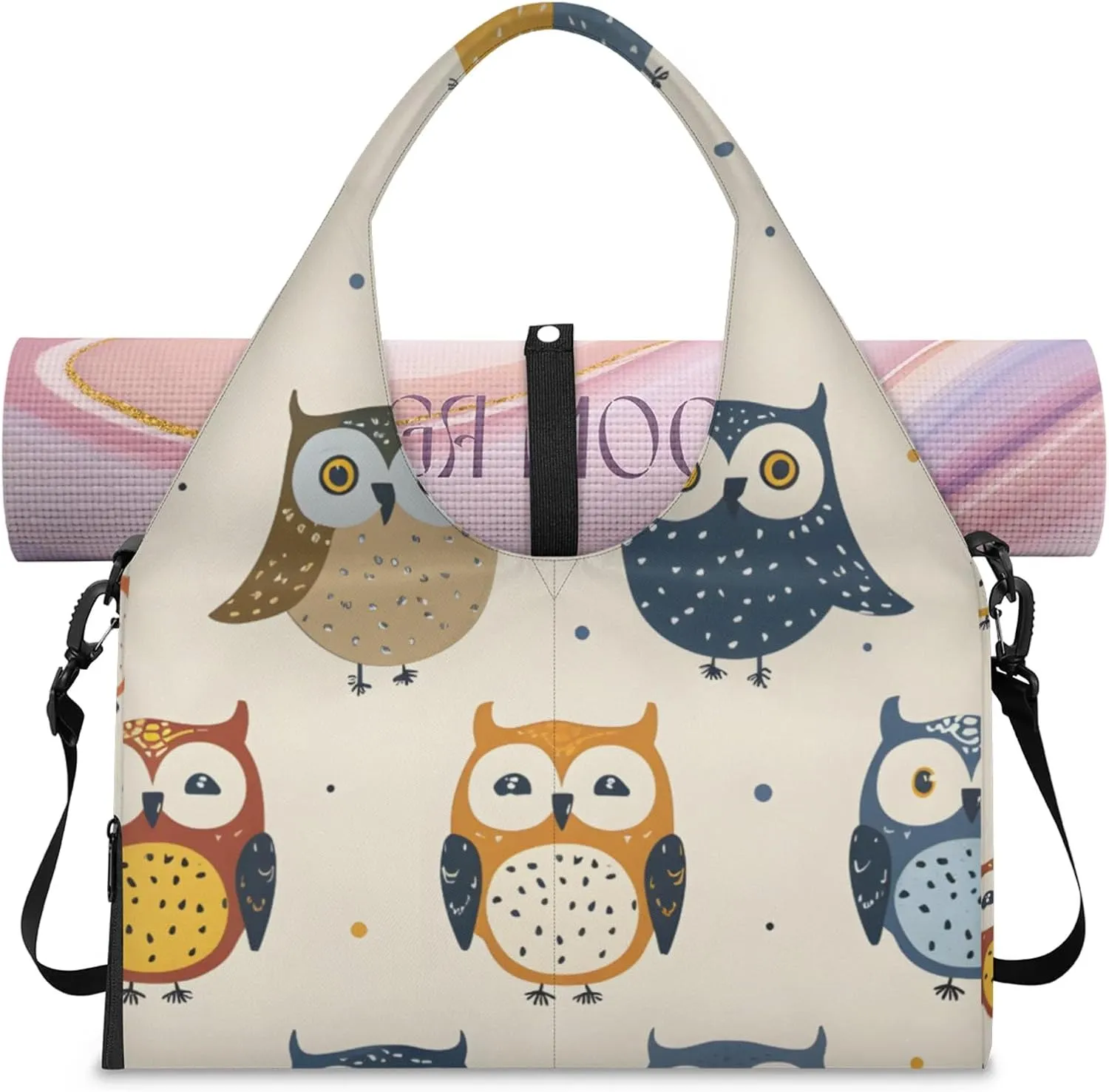 Gym Bag for Women Cartoon Owls Duffel Bag with Shoe Compartment and Yoga Mat Holder Portable Weekender Bags Travel Tote Bags