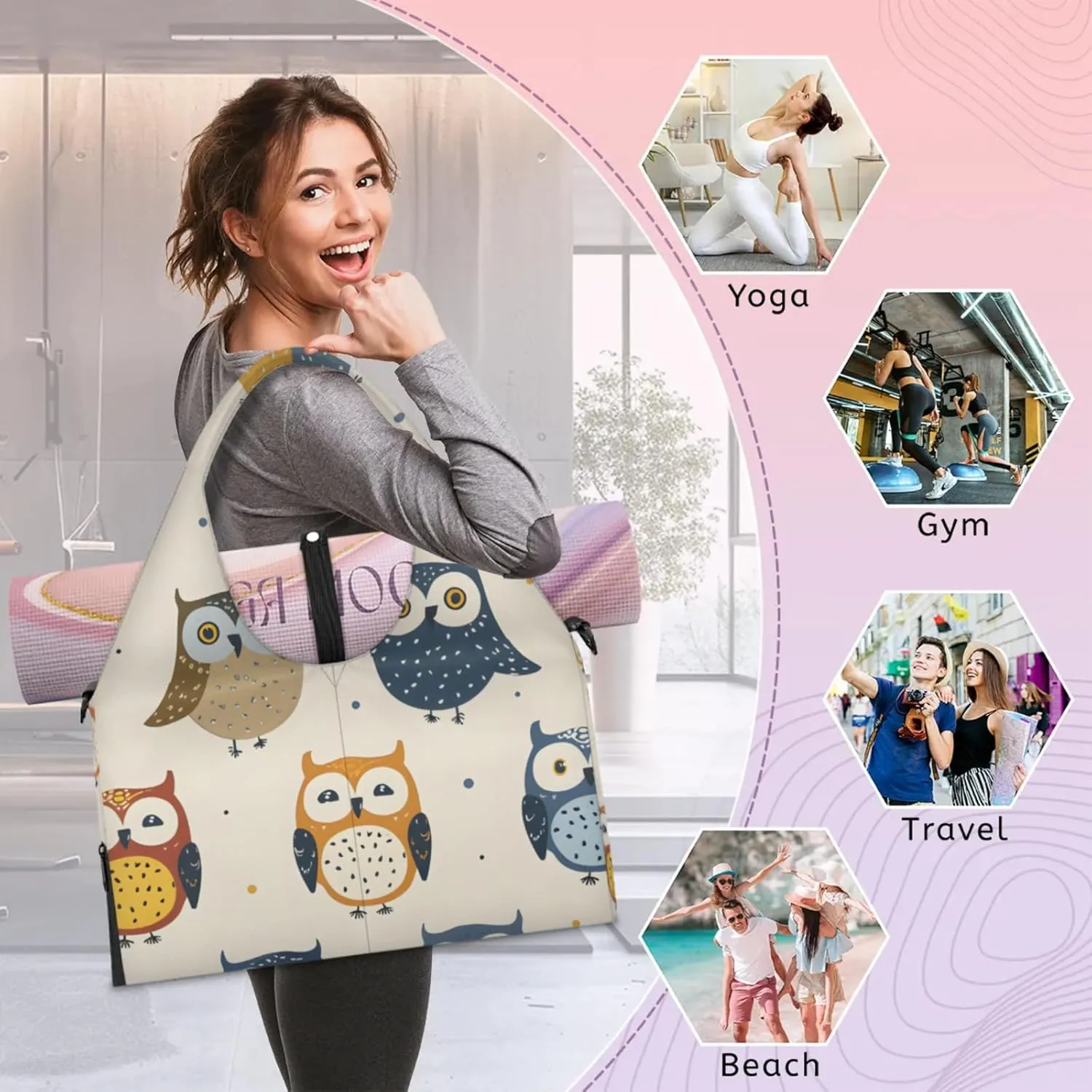 Gym Bag for Women Cartoon Owls Duffel Bag with Shoe Compartment and Yoga Mat Holder Portable Weekender Bags Travel Tote Bags
