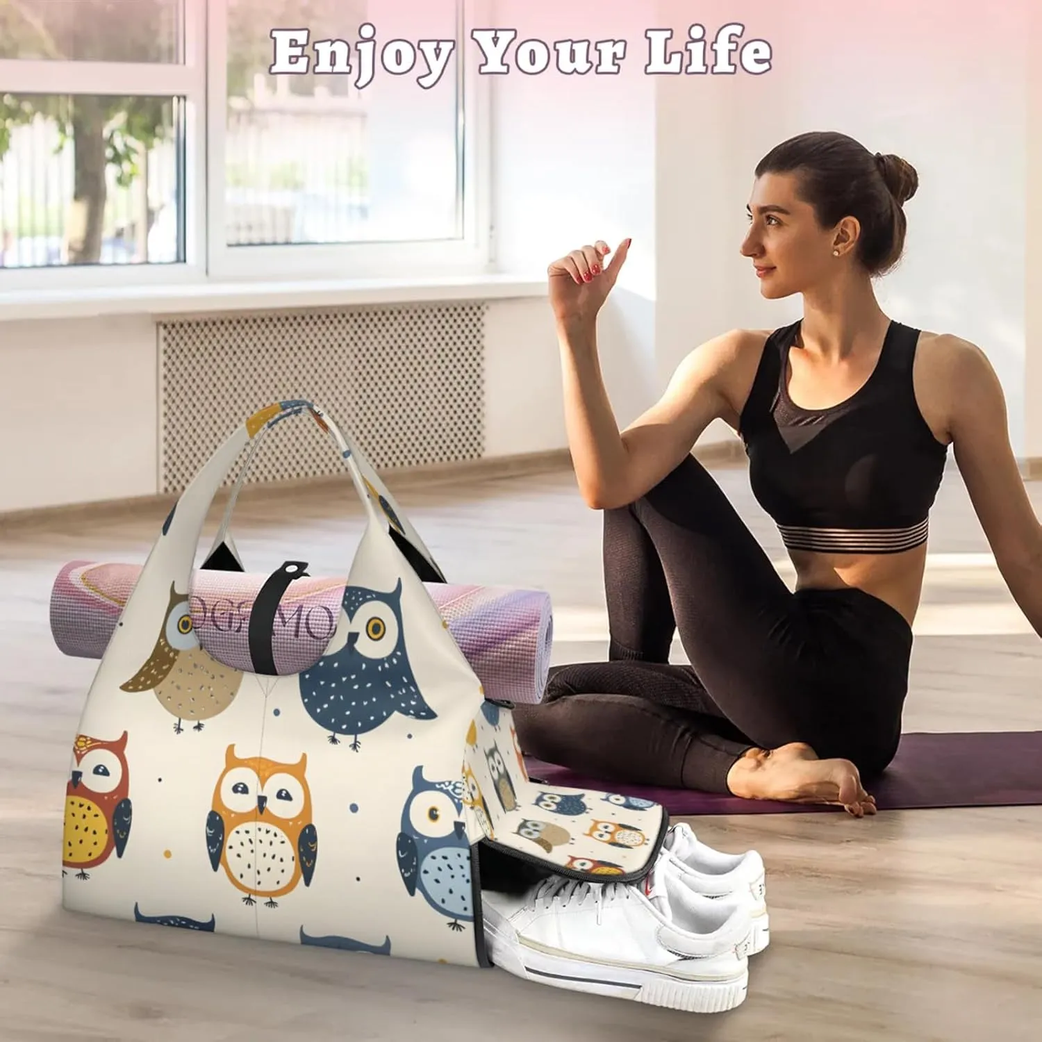 Gym Bag for Women Cartoon Owls Duffel Bag with Shoe Compartment and Yoga Mat Holder Portable Weekender Bags Travel Tote Bags