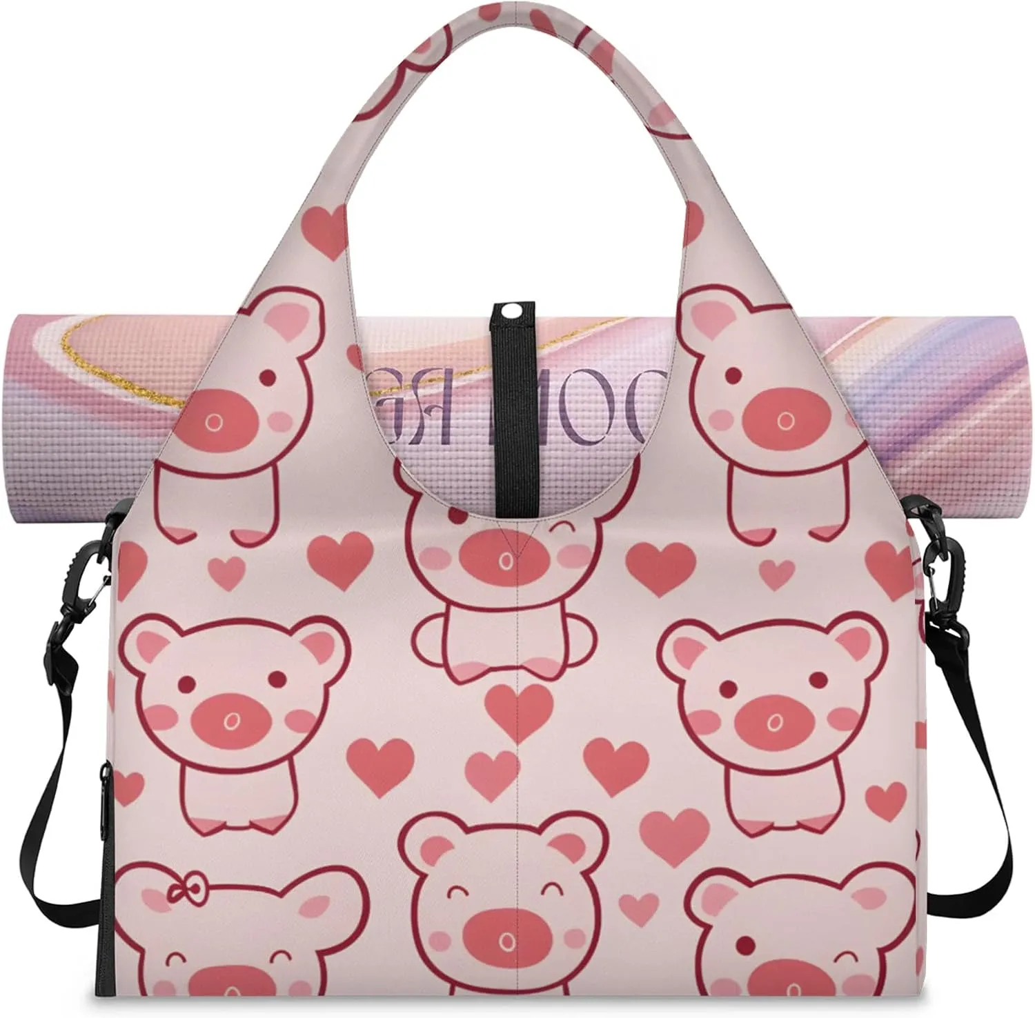 Gym Bag for Women Cartoon Pigs Duffel Bag with Shoe Compartment and Yoga Mat Holder Portable Weekender Bags Travel Tote Bags