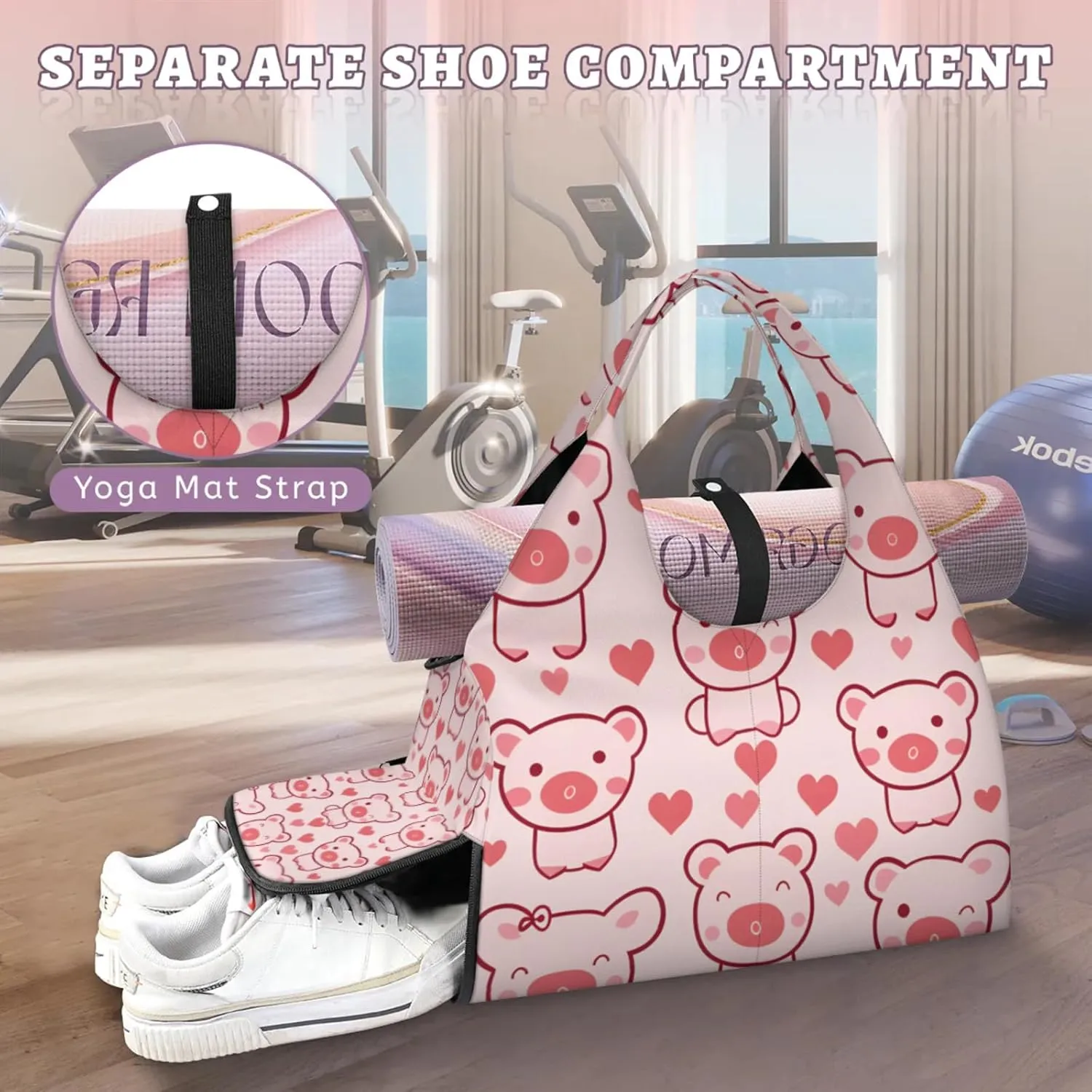 Gym Bag for Women Cartoon Pigs Duffel Bag with Shoe Compartment and Yoga Mat Holder Portable Weekender Bags Travel Tote Bags