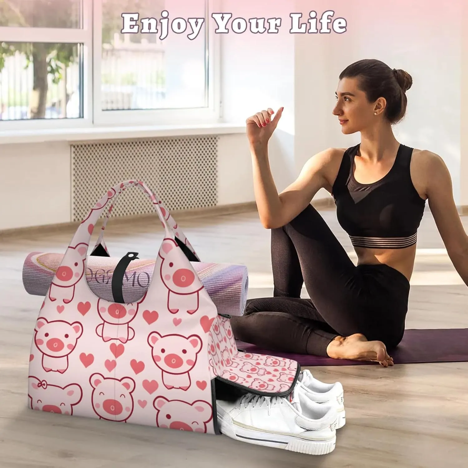 Gym Bag for Women Cartoon Pigs Duffel Bag with Shoe Compartment and Yoga Mat Holder Portable Weekender Bags Travel Tote Bags