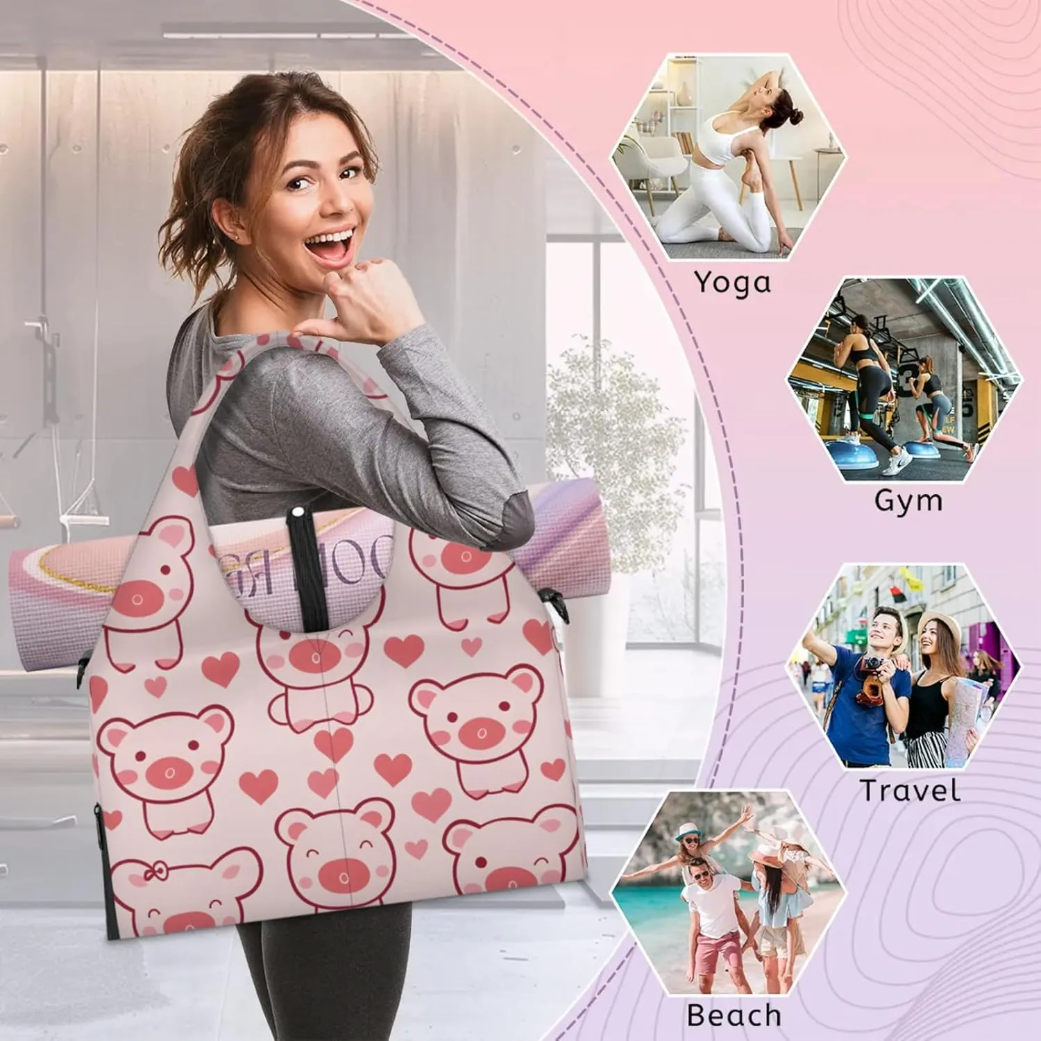 Gym Bag for Women Cartoon Pigs Duffel Bag with Shoe Compartment and Yoga Mat Holder Portable Weekender Bags Travel Tote Bags