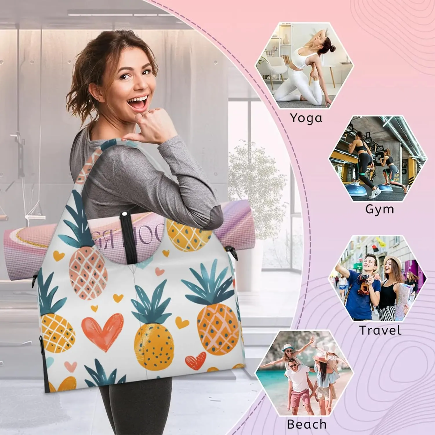Gym Bag for Women Cartoon Pineapple Fruit Duffel Bag with Shoe Compartment and Yoga Mat Holder Portable Weekender Bags Travel Tote Bags