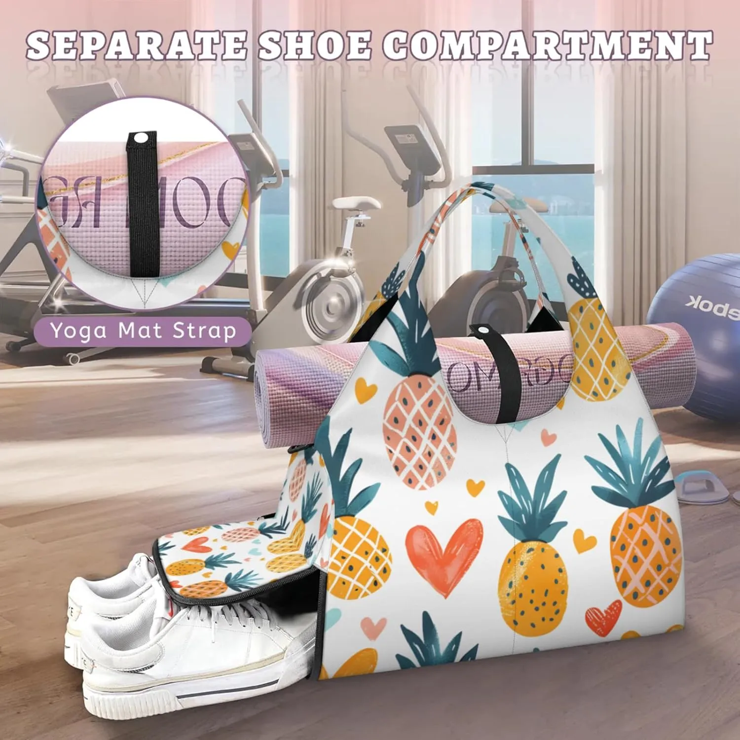 Gym Bag for Women Cartoon Pineapple Fruit Duffel Bag with Shoe Compartment and Yoga Mat Holder Portable Weekender Bags Travel Tote Bags