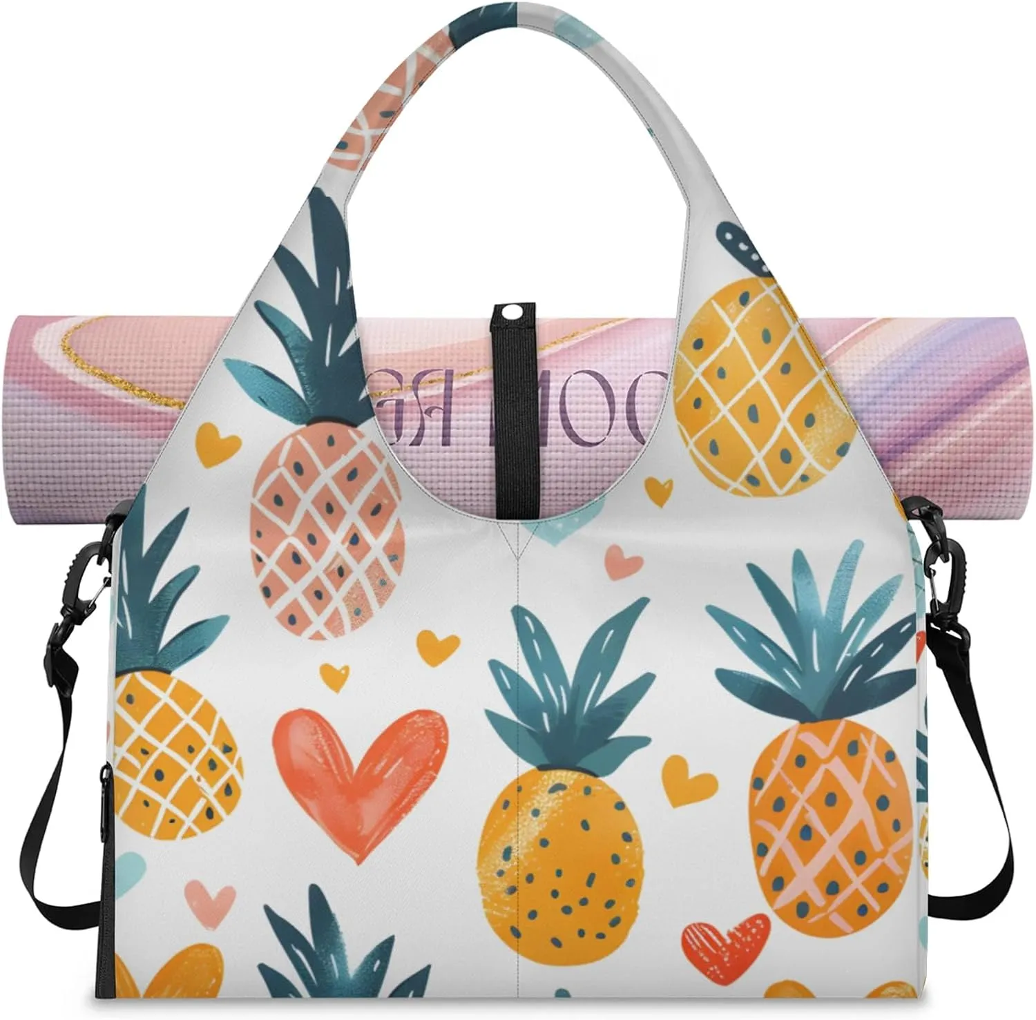 Gym Bag for Women Cartoon Pineapple Fruit Duffel Bag with Shoe Compartment and Yoga Mat Holder Portable Weekender Bags Travel Tote Bags
