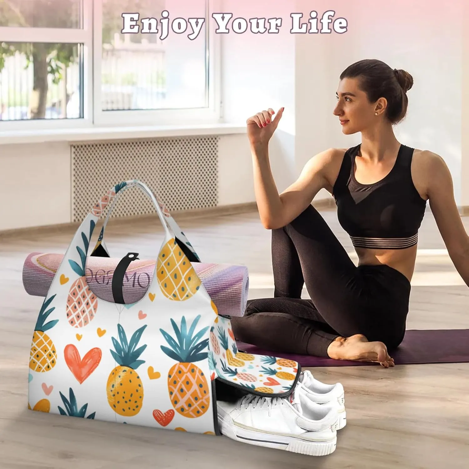 Gym Bag for Women Cartoon Pineapple Fruit Duffel Bag with Shoe Compartment and Yoga Mat Holder Portable Weekender Bags Travel Tote Bags