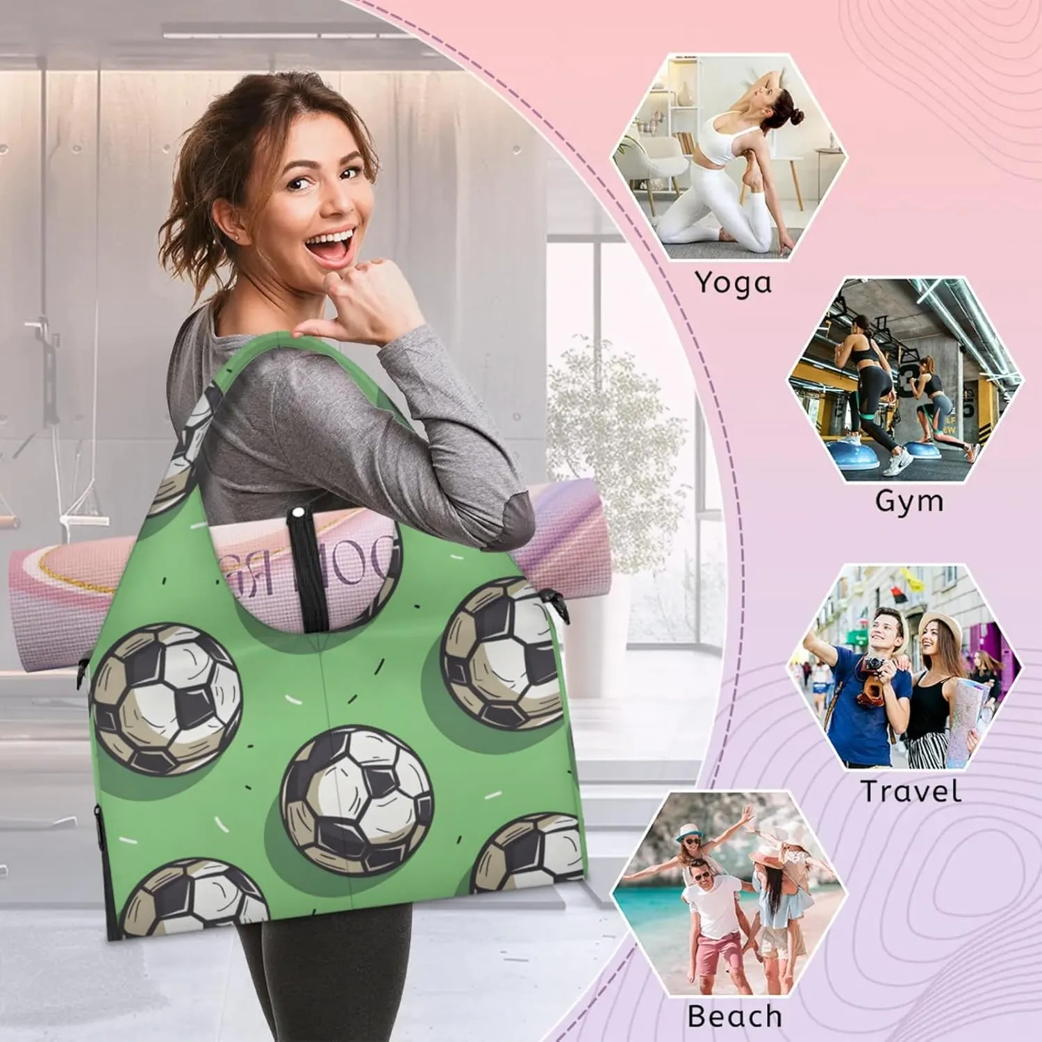 Gym Bag for Women Cartoon Soccers Duffel Bag with Shoe Compartment and Yoga Mat Holder Portable Weekender Bags Travel Tote Bags