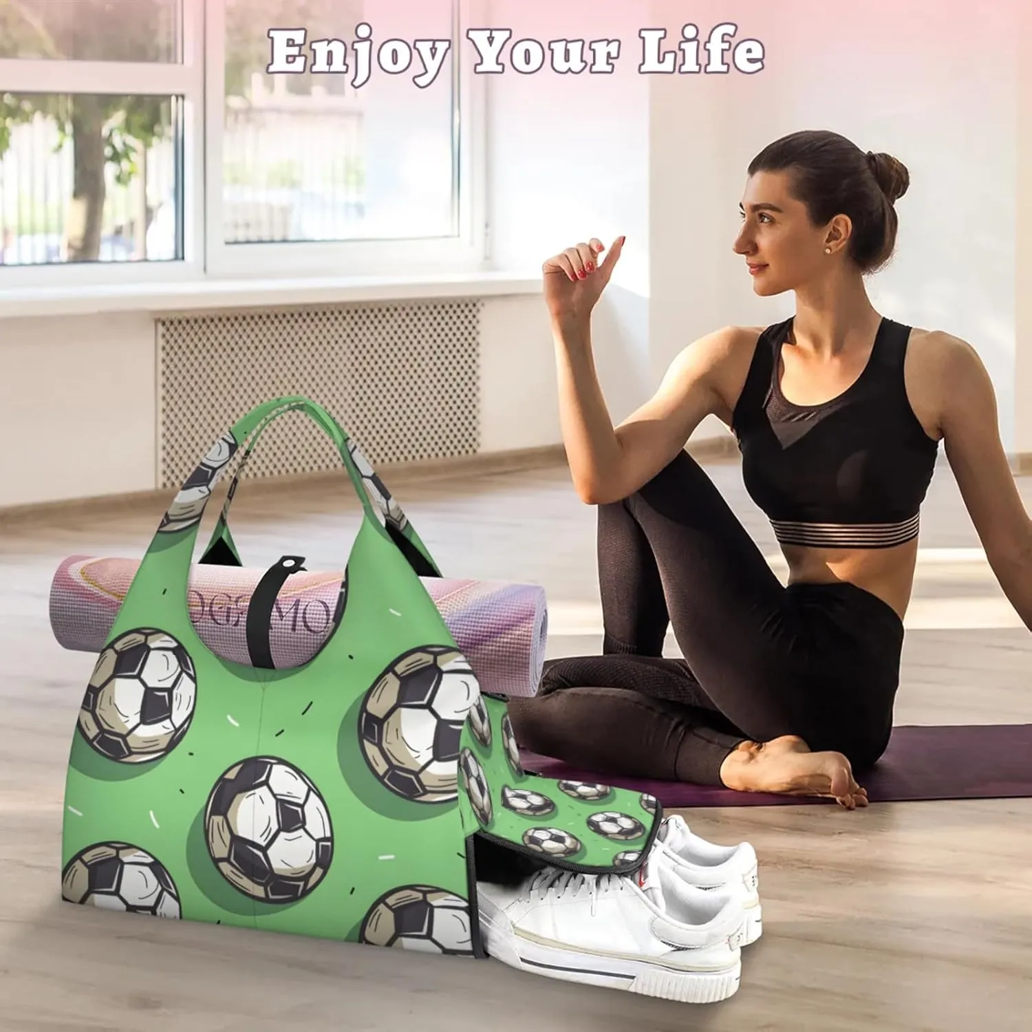 Gym Bag for Women Cartoon Soccers Duffel Bag with Shoe Compartment and Yoga Mat Holder Portable Weekender Bags Travel Tote Bags
