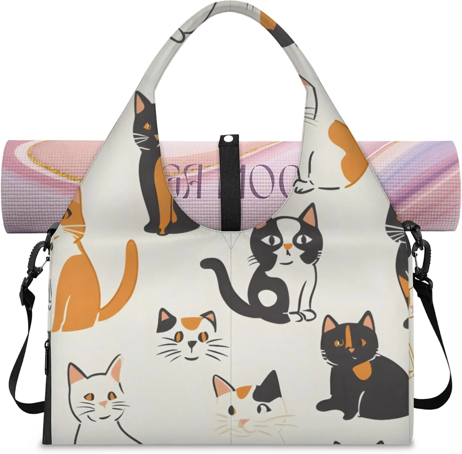 Gym Bag for Women Cat Pattern Duffel Bag with Shoe Compartment and Yoga Mat Holder Portable Weekender Bags Travel Tote Bags