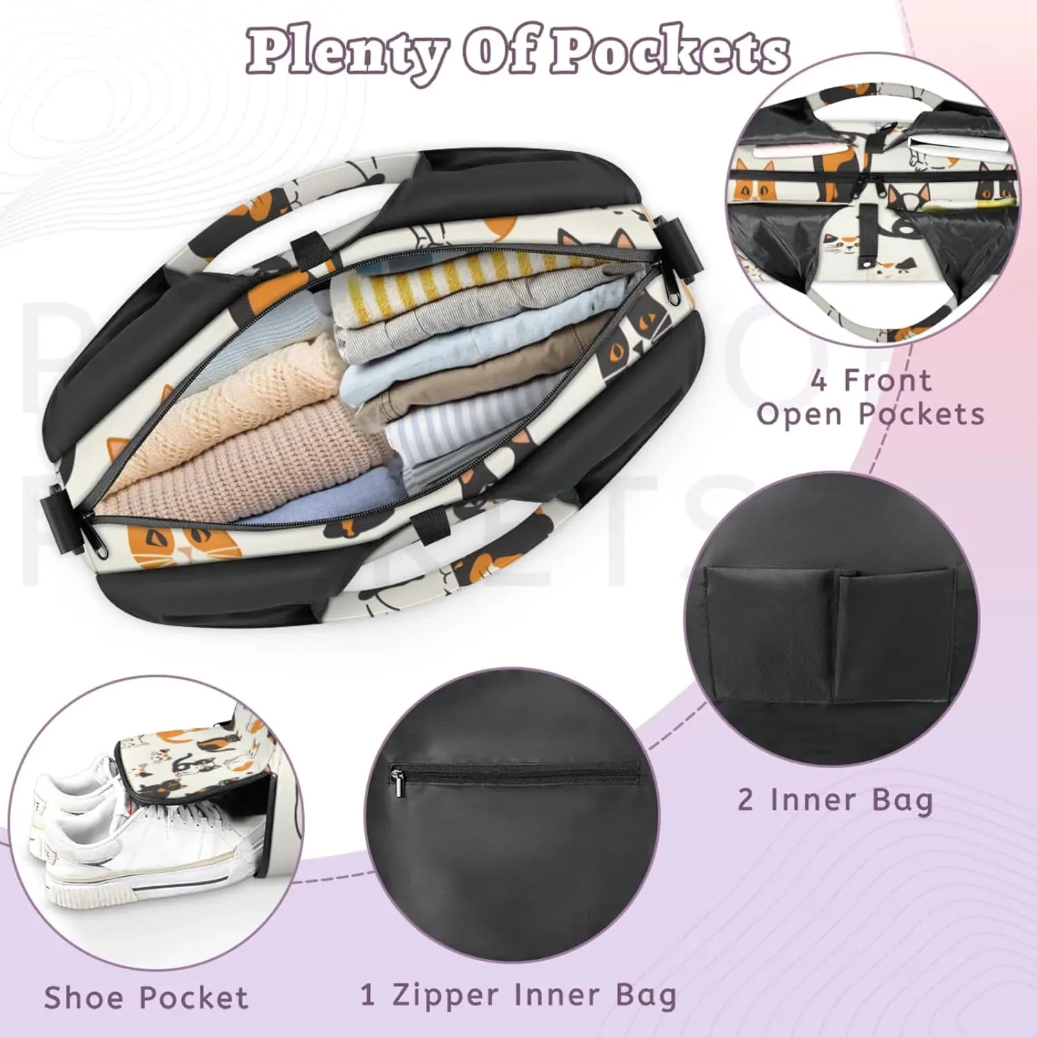 Gym Bag for Women Cat Pattern Duffel Bag with Shoe Compartment and Yoga Mat Holder Portable Weekender Bags Travel Tote Bags
