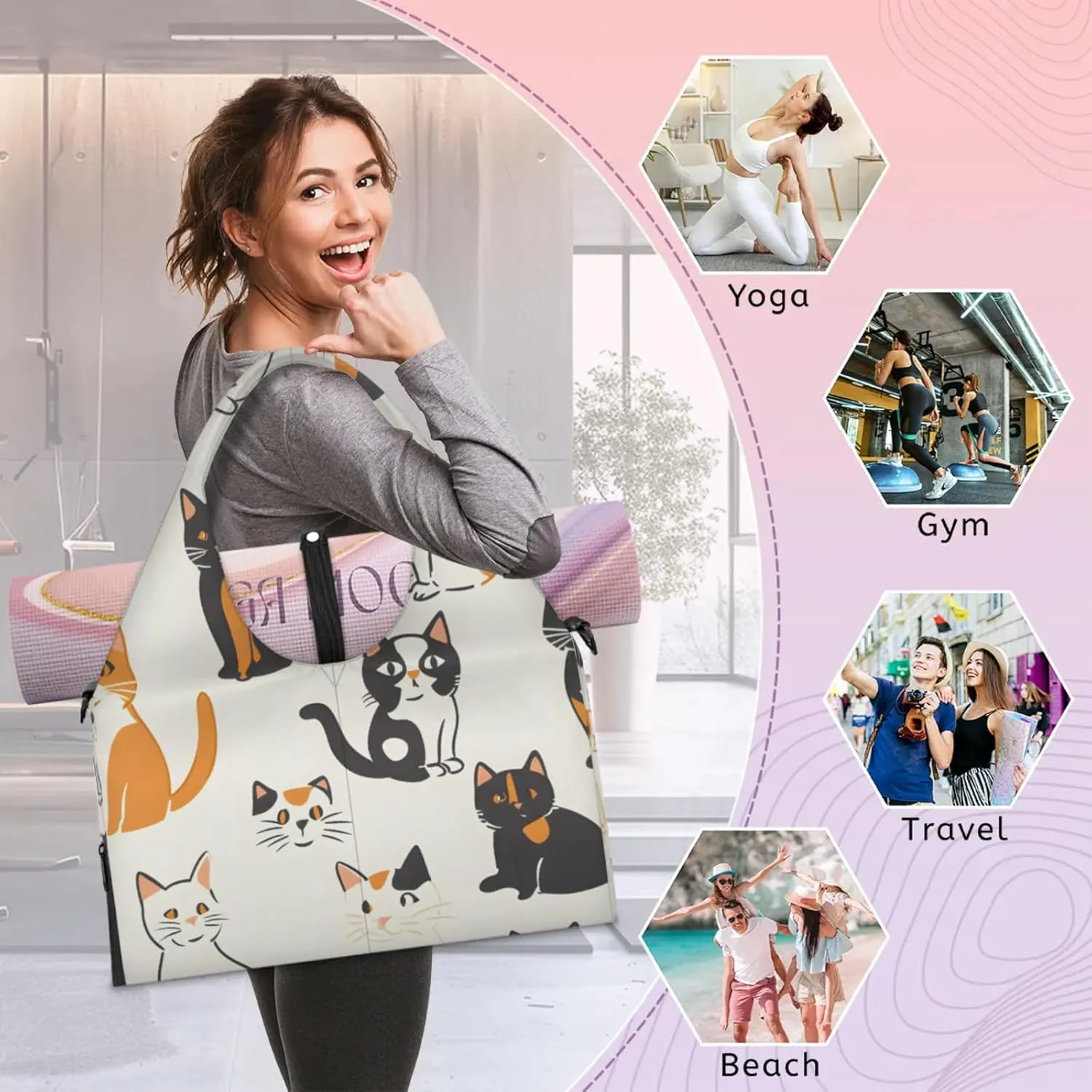Gym Bag for Women Cat Pattern Duffel Bag with Shoe Compartment and Yoga Mat Holder Portable Weekender Bags Travel Tote Bags