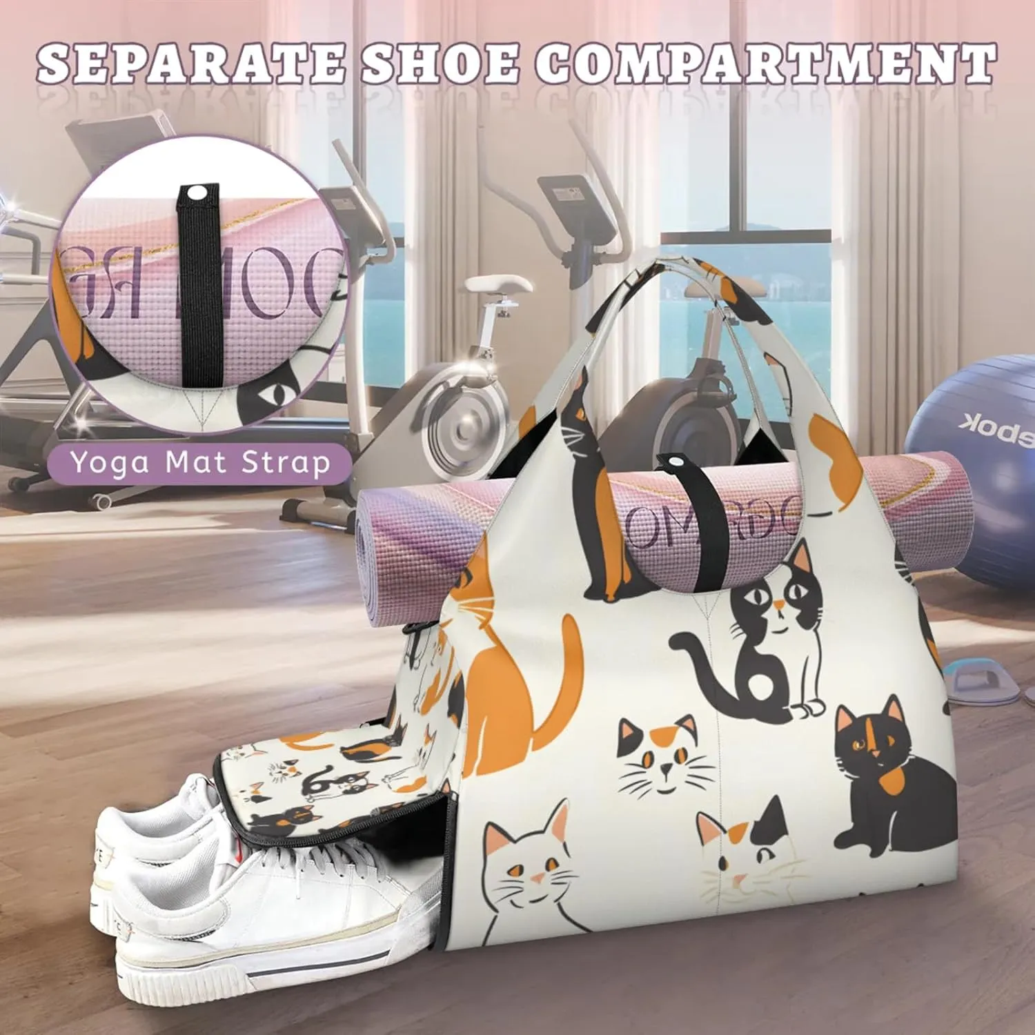 Gym Bag for Women Cat Pattern Duffel Bag with Shoe Compartment and Yoga Mat Holder Portable Weekender Bags Travel Tote Bags