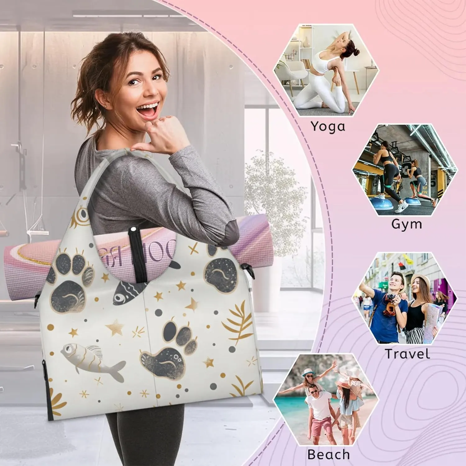 Gym Bag for Women Cat Paw Print Fish Duffel Bag with Shoe Compartment and Yoga Mat Holder Portable Weekender Bags Travel Tote Bags