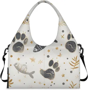 Gym Bag for Women Cat Paw Print Fish Duffel Bag with Shoe Compartment and Yoga Mat Holder Portable Weekender Bags Travel Tote Bags