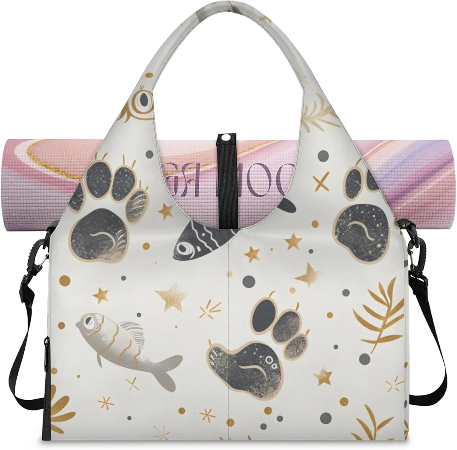 Gym Bag for Women Cat Paw Print Fish Duffel Bag with Shoe Compartment and Yoga Mat Holder Portable Weekender Bags Travel Tote Bags