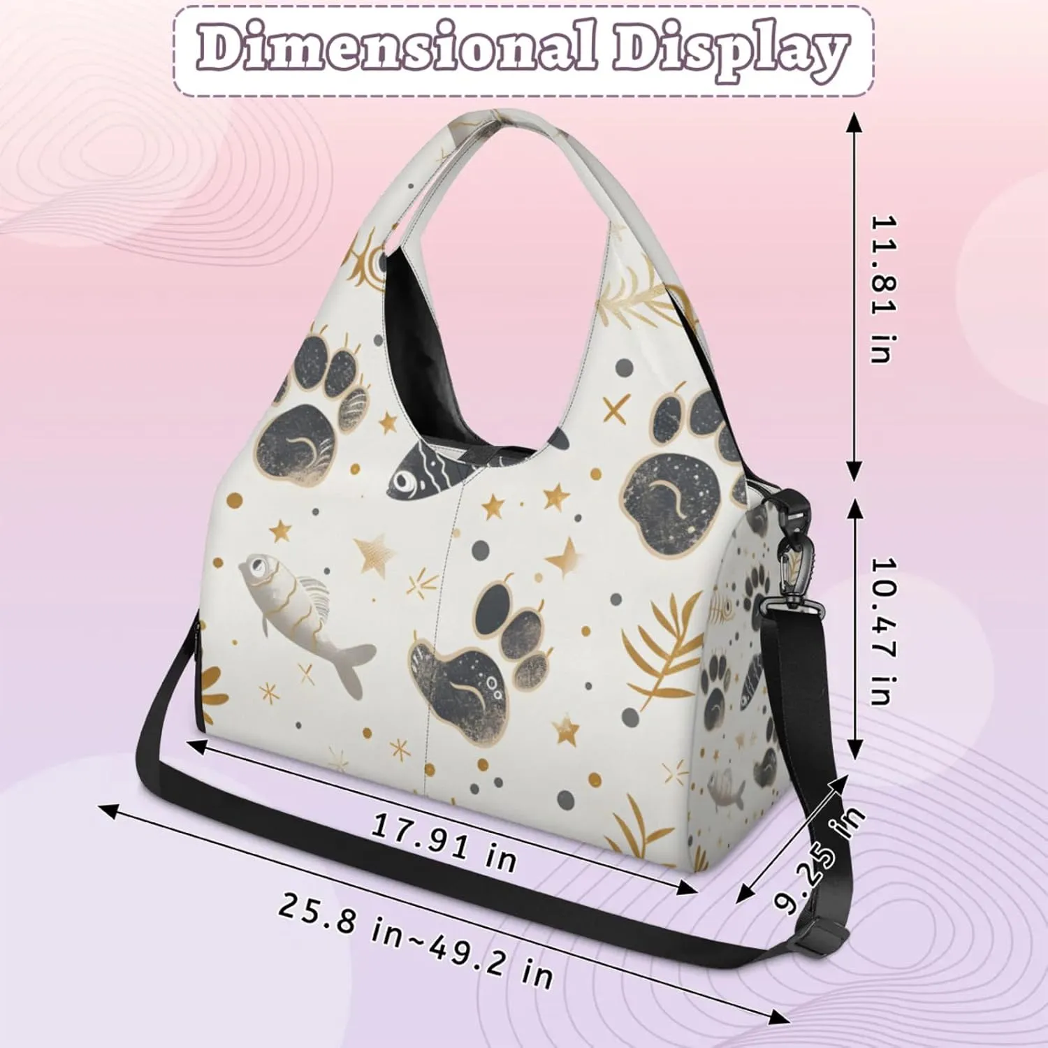 Gym Bag for Women Cat Paw Print Fish Duffel Bag with Shoe Compartment and Yoga Mat Holder Portable Weekender Bags Travel Tote Bags