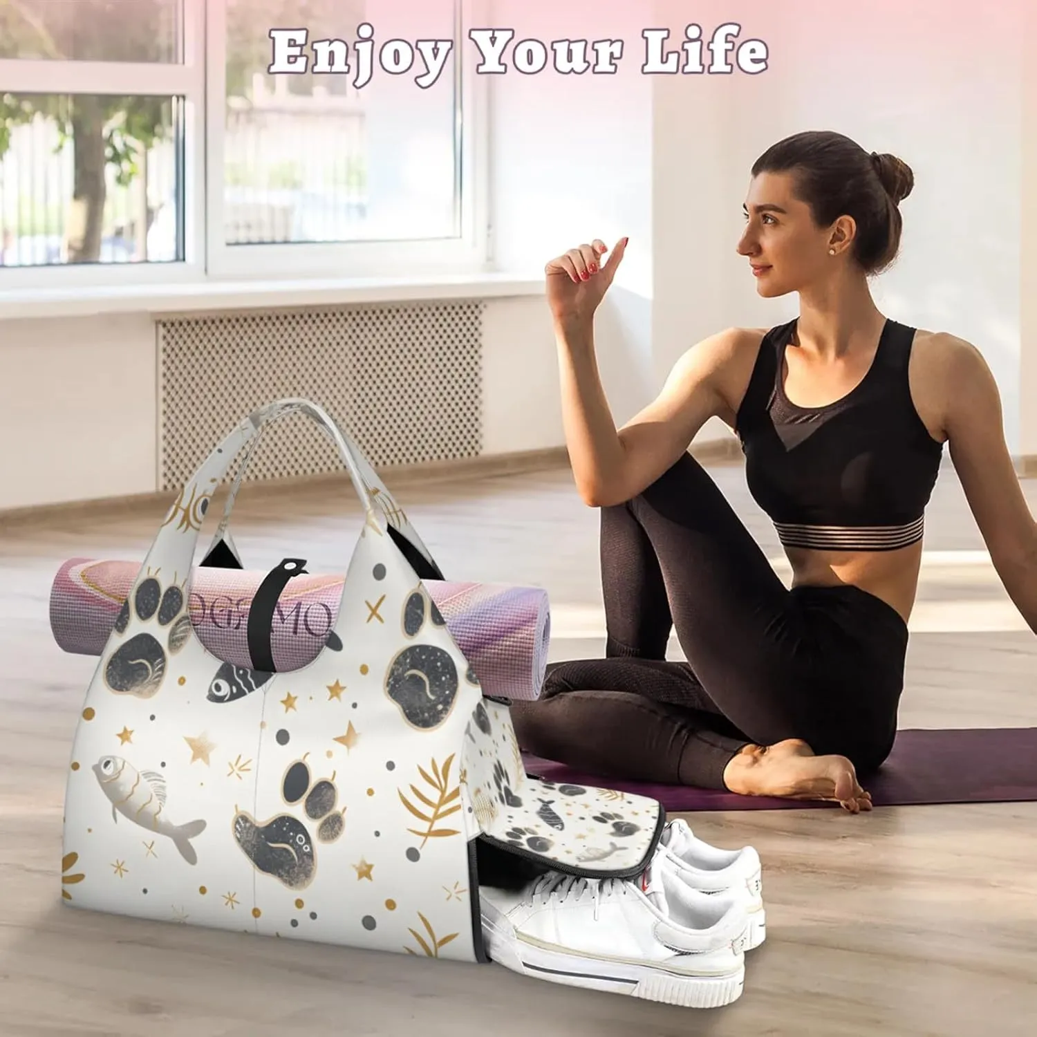 Gym Bag for Women Cat Paw Print Fish Duffel Bag with Shoe Compartment and Yoga Mat Holder Portable Weekender Bags Travel Tote Bags
