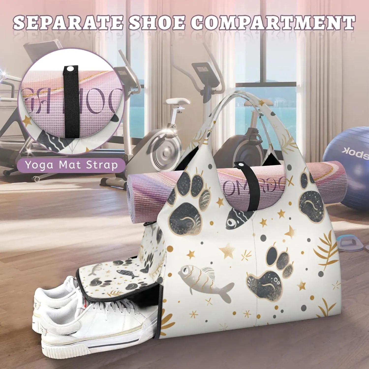 Gym Bag for Women Cat Paw Print Fish Duffel Bag with Shoe Compartment and Yoga Mat Holder Portable Weekender Bags Travel Tote Bags