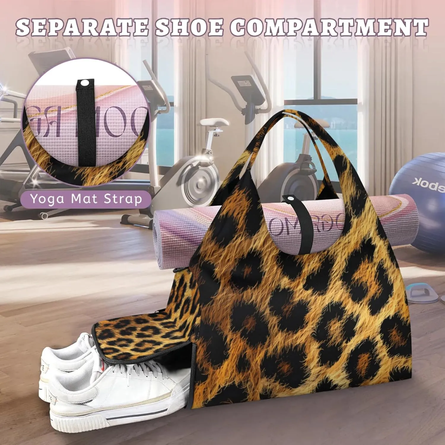 Gym Bag for Women Classic Leopard Print Duffel Bag with Shoe Compartment and Yoga Mat Holder Portable Weekender Bags Travel Tote Bags