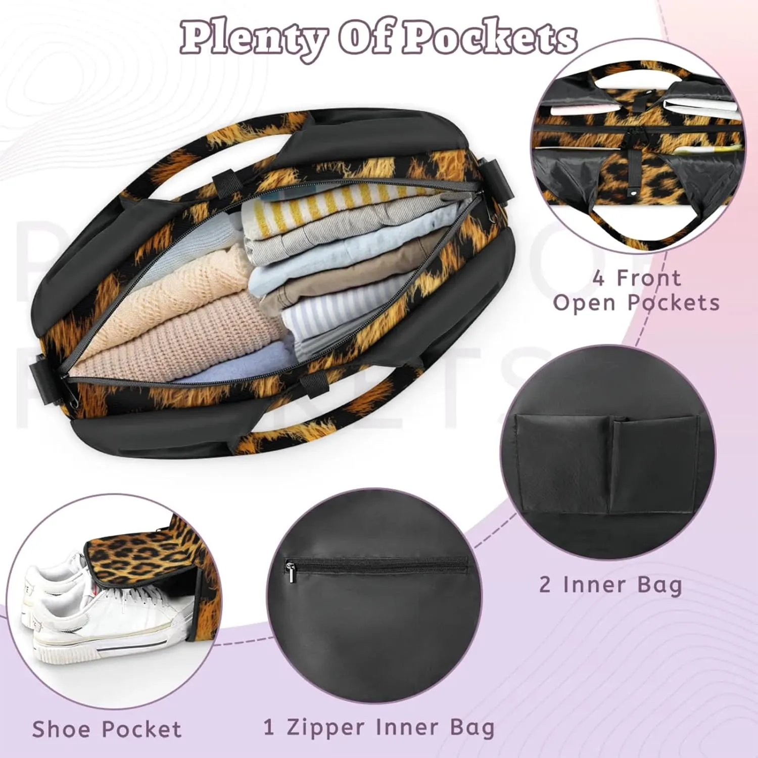 Gym Bag for Women Classic Leopard Print Duffel Bag with Shoe Compartment and Yoga Mat Holder Portable Weekender Bags Travel Tote Bags