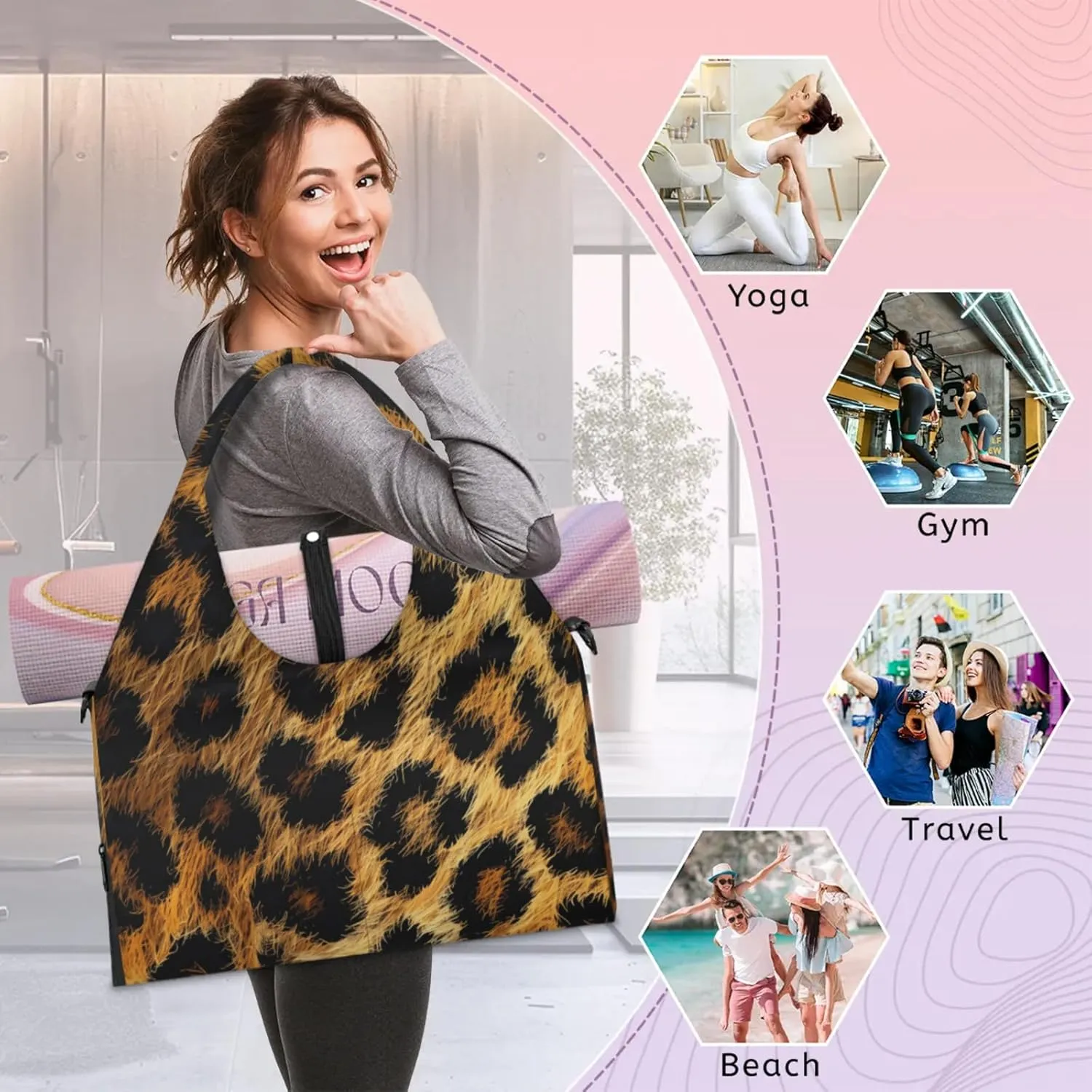 Gym Bag for Women Classic Leopard Print Duffel Bag with Shoe Compartment and Yoga Mat Holder Portable Weekender Bags Travel Tote Bags