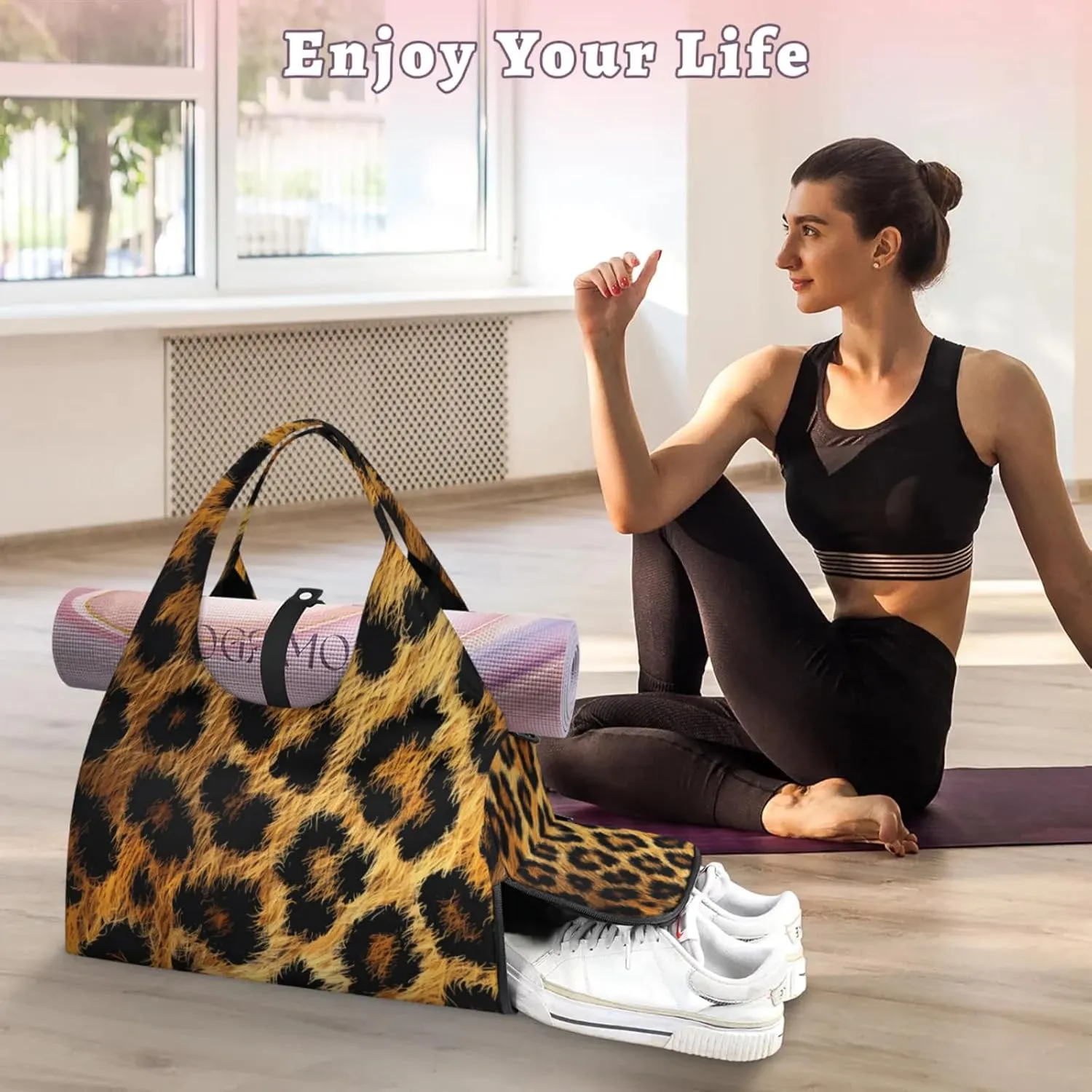 Gym Bag for Women Classic Leopard Print Duffel Bag with Shoe Compartment and Yoga Mat Holder Portable Weekender Bags Travel Tote Bags