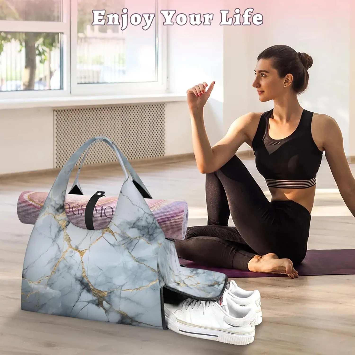 Gym Bag for Women Classic Marble Design Duffel Bag with Shoe Compartment and Yoga Mat Holder Portable Weekender Bags Travel Tote Bags