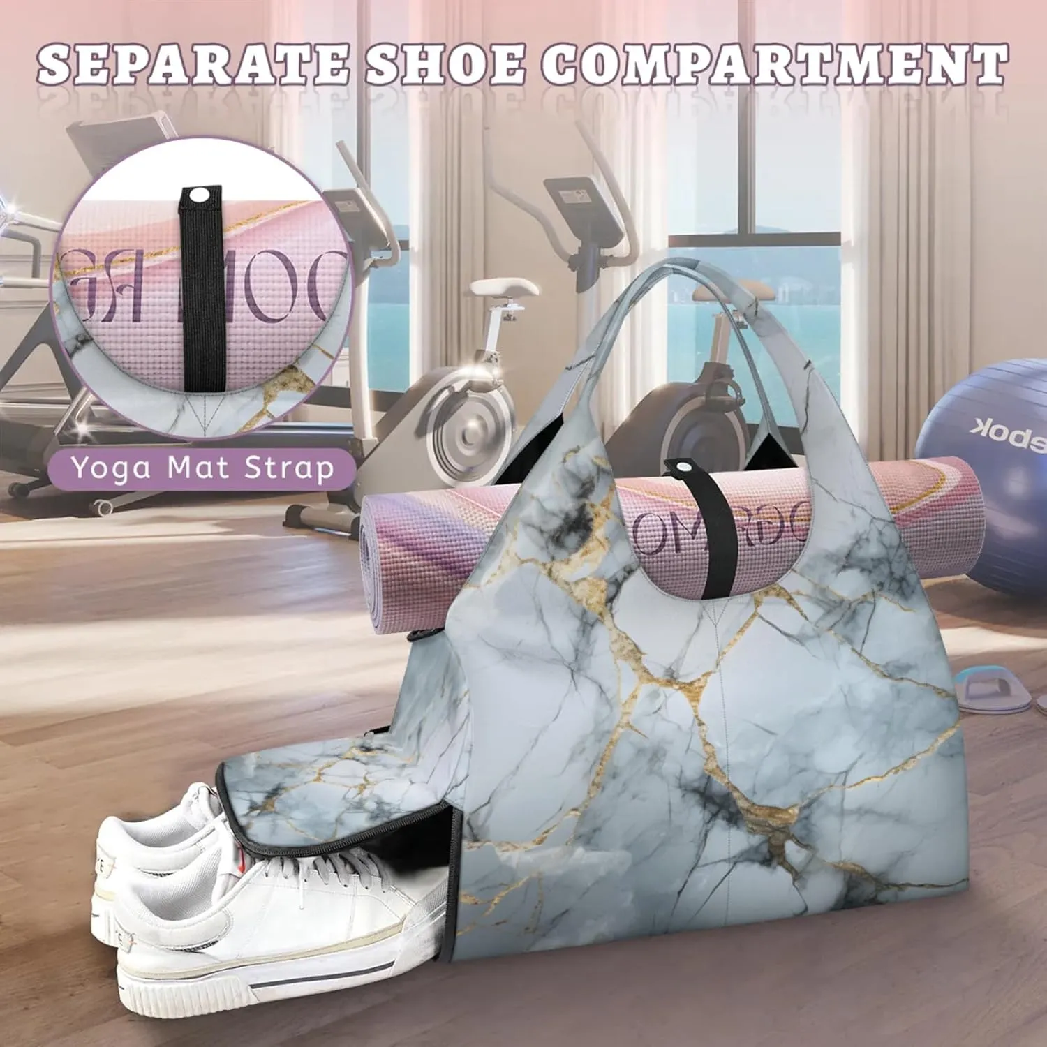 Gym Bag for Women Classic Marble Design Duffel Bag with Shoe Compartment and Yoga Mat Holder Portable Weekender Bags Travel Tote Bags